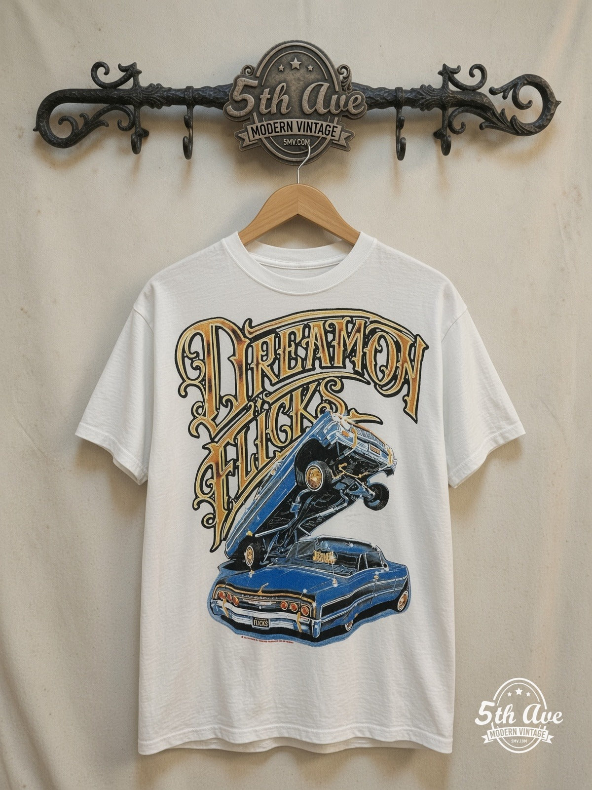 Rollin Hard – White-on-White Lowrider Dreams – Vintage Graphic Tee — front on locked cream ornate 5th Ave rack