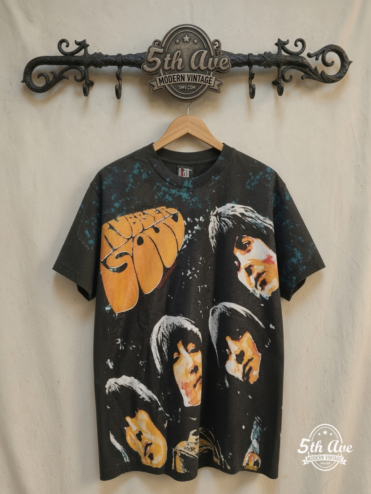 The Beatles – Rubber Soul – All Over Print – Vintage Band T-Shirt — front on locked cream ornate 5th Ave rack