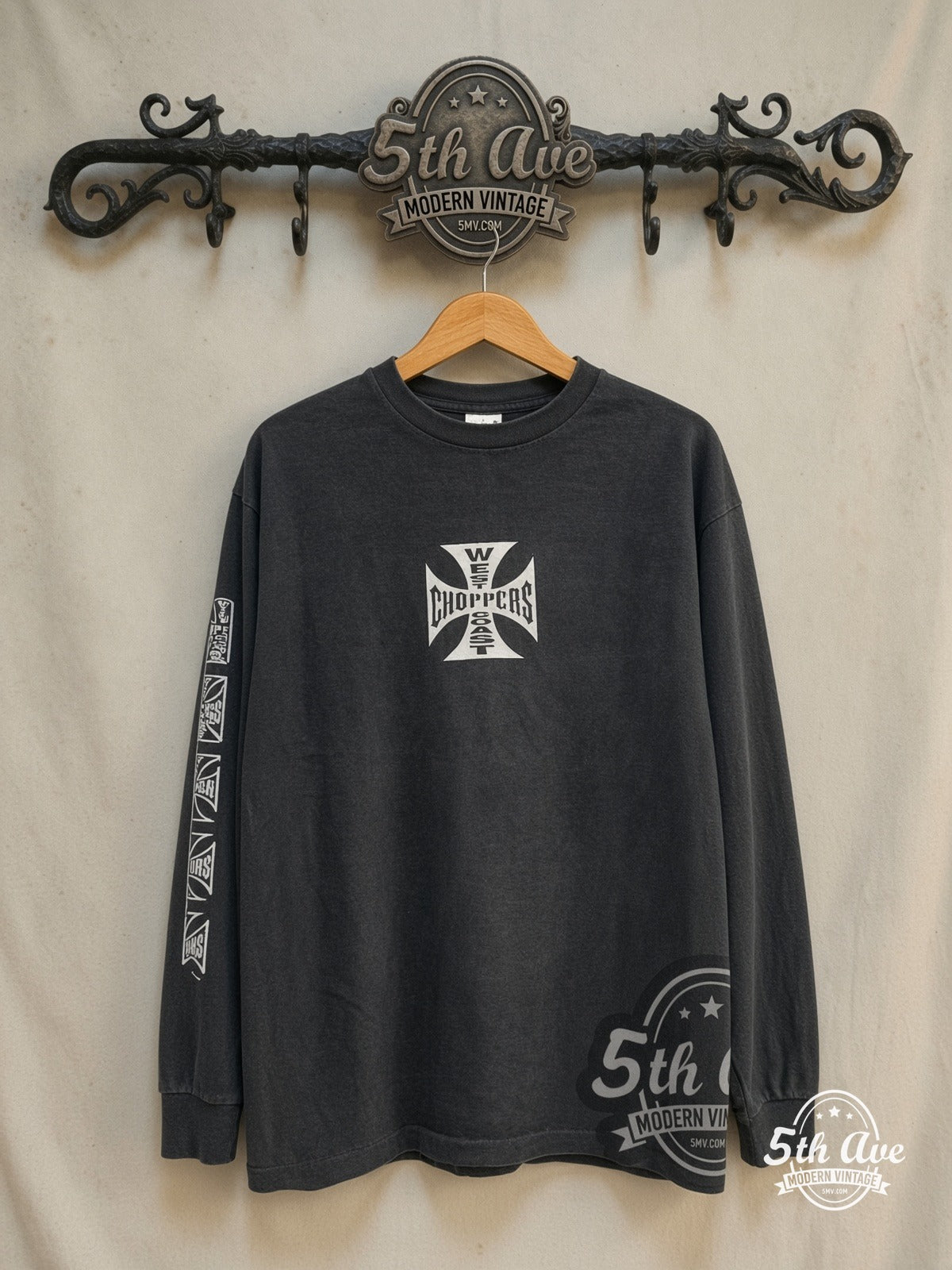 West Coast Choppers – Long Beach Iron Cross Sleeve Logos – Long Sleeve T-Shirt — front on locked cream ornate 5th Ave rack