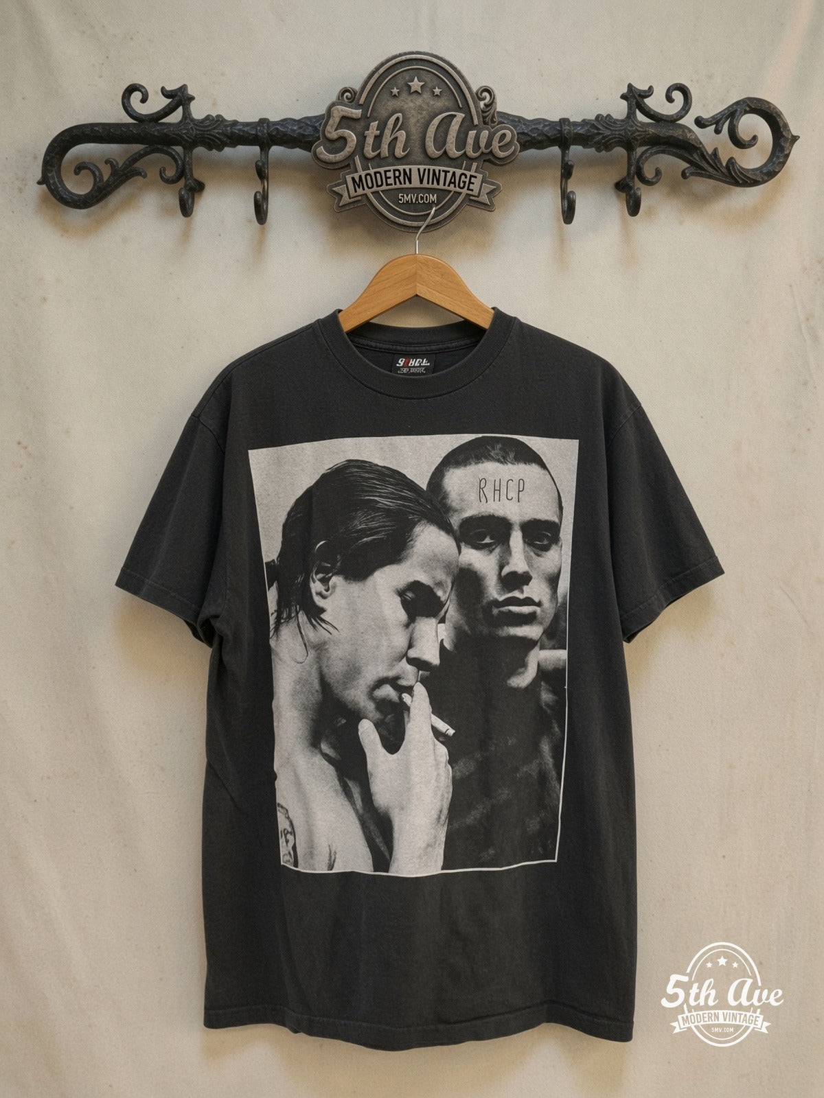 Red Hot Chili Peppers – Flea and Anthony Kiedis – Vintage Band T-Shirt — front on locked cream ornate 5th Ave rack