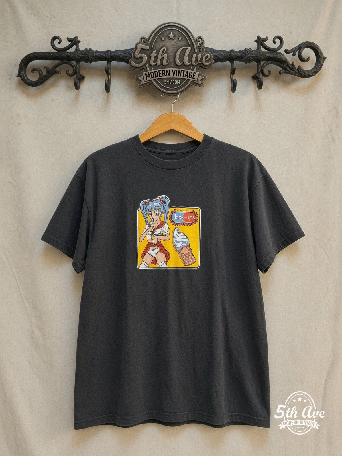 Hook-Ups – Ice Cream Girl – Vintage Graphic Tee — front on locked cream ornate 5th Ave rack