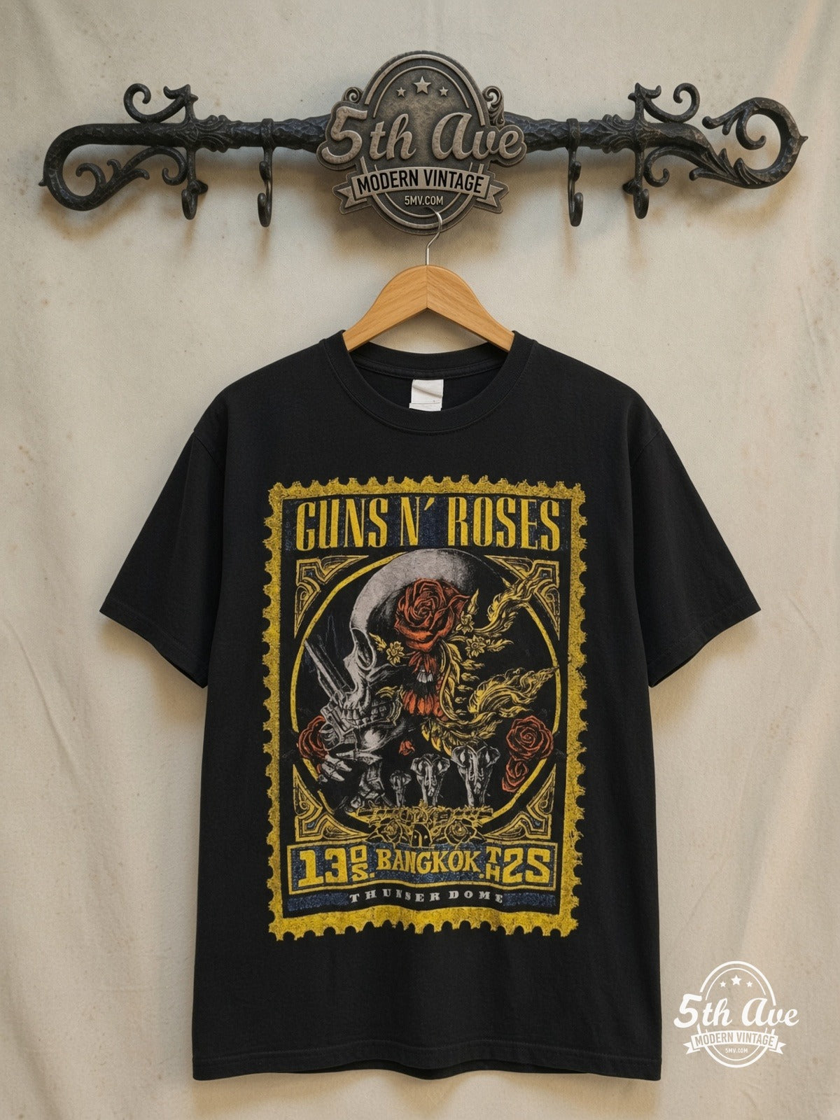 Guns N' Roses – World Tour Bangkok 2025 – Vintage Band T-Shirt — front on locked cream ornate 5th Ave rack