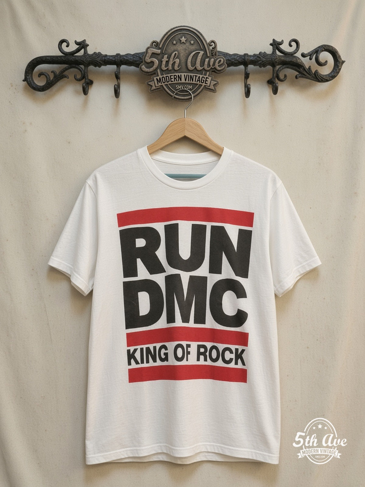 Run DMC – King of Rock – Vintage Band T-Shirt — front on locked cream ornate 5th Ave rack