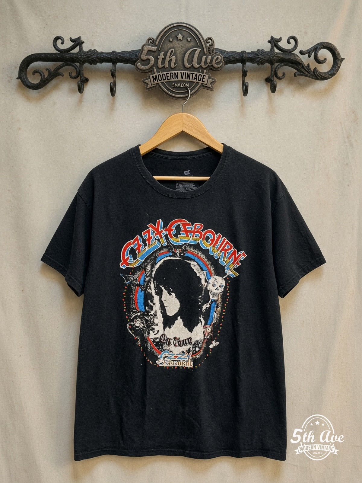 Ozzy Osbourne – On Tour – Vintage Band T-Shirt — front on locked cream ornate 5th Ave rack