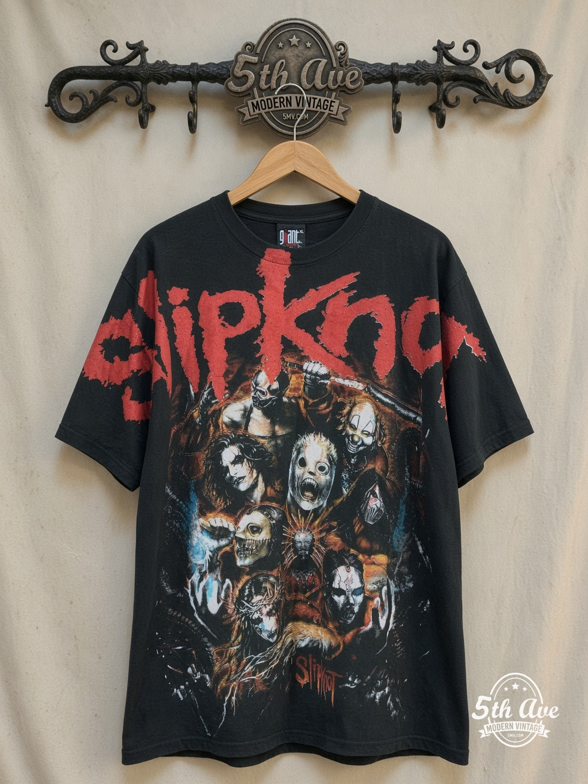 Slipknot – Nine Mask Fiery Group Collage – Vintage Band T-Shirt — front on locked cream ornate 5th Ave rack