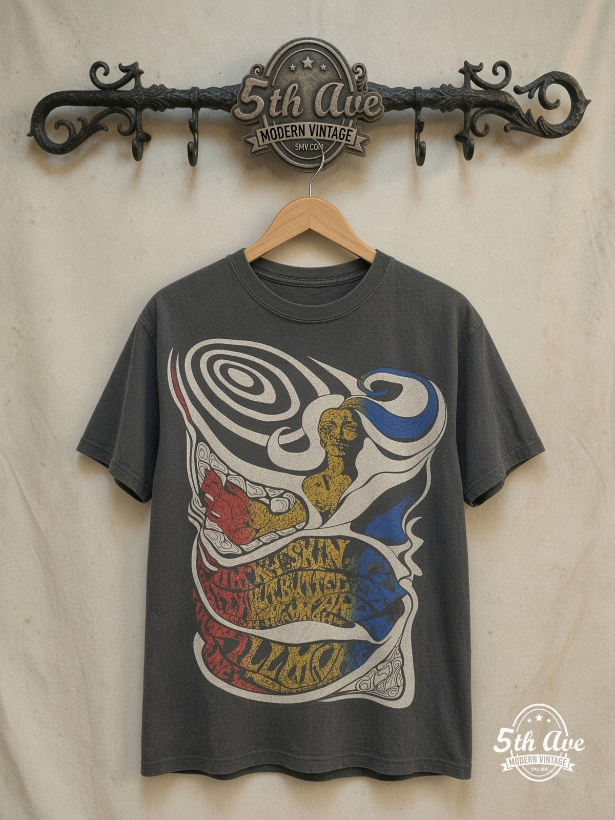 Jim Kweskin – Concert – Vintage Band T-Shirt — front on locked cream ornate 5th Ave rack