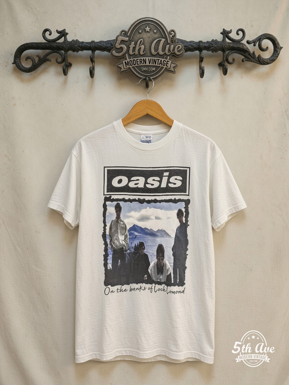 Oasis – Morning Glory Tour 1996 – Vintage Band T-Shirt — front on locked cream ornate 5th Ave rack