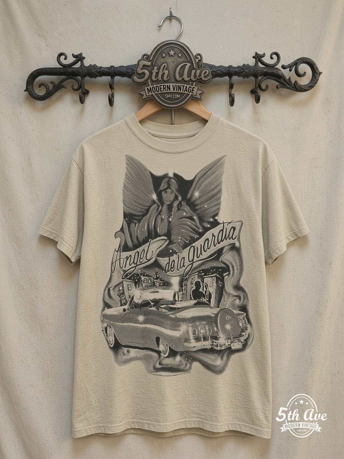 Angel de la guardia - Rollin hard lowrider low rider car culture t shi – rt – Vintage Band T-Shirt — front on locked cream ornate 5th Ave rack