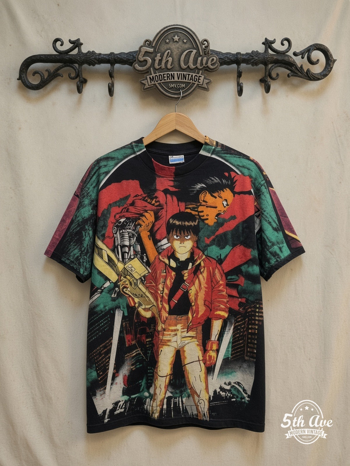 Akira All Over Print T-Shirt — front on locked cream ornate 5th Ave rack