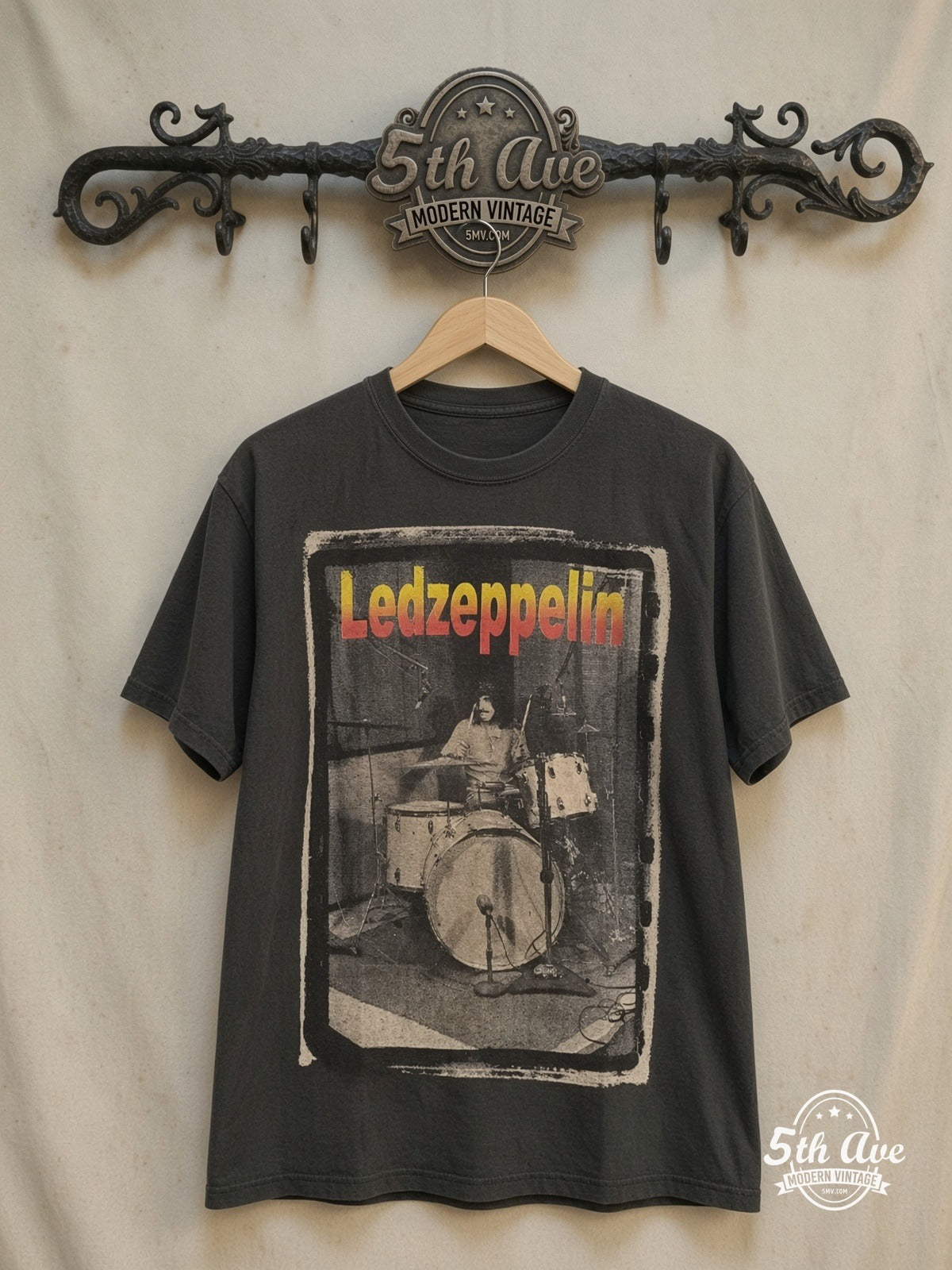 Led Zeppelin – Original Drummer Tribute – Vintage Band T-Shirt — front on locked cream ornate 5th Ave rack