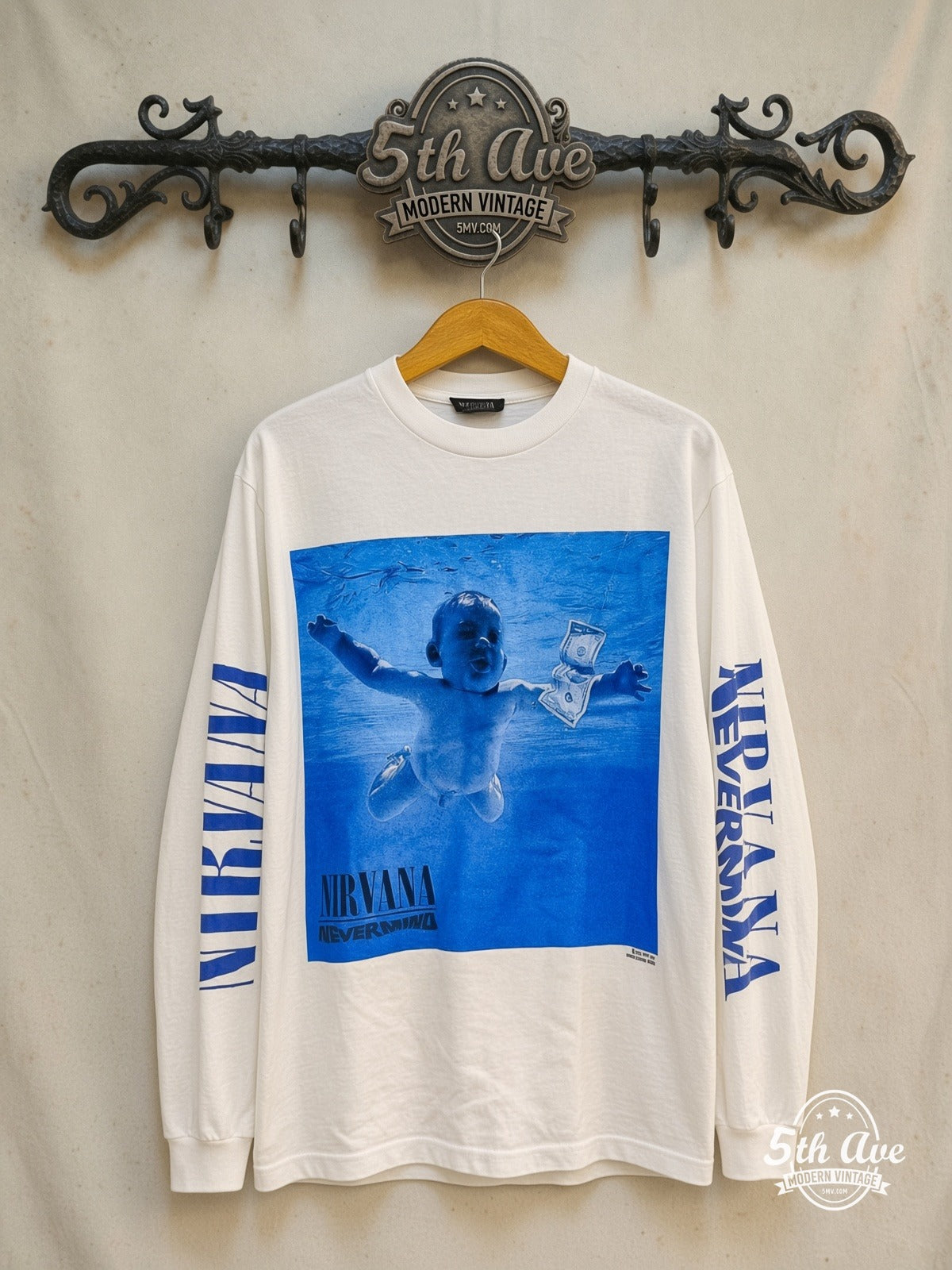 Nirvana – Nevermind Baby Cover Tracklist Long Sleeve – Vintage Band T-Shirt — front on locked cream ornate 5th Ave rack