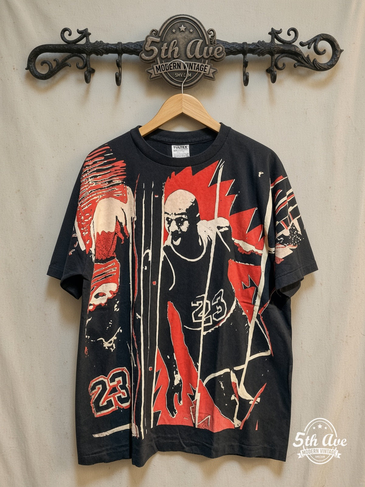 Michael Jordan - AOP all over print New Vintage T-Shirt – Vintage Band T-Shirt — front on locked cream ornate 5th Ave rack