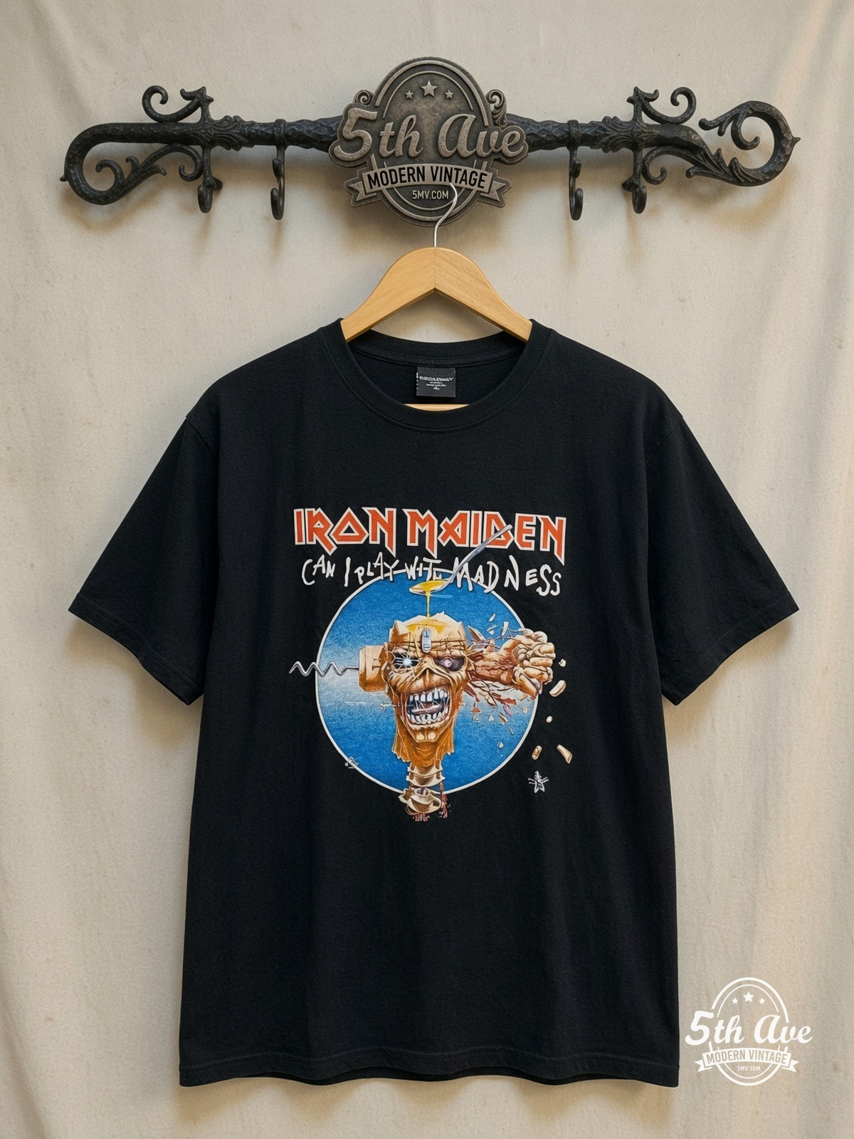 Iron Maiden – Can I Play With Madness – Vintage Band T-Shirt — front on locked cream ornate 5th Ave rack