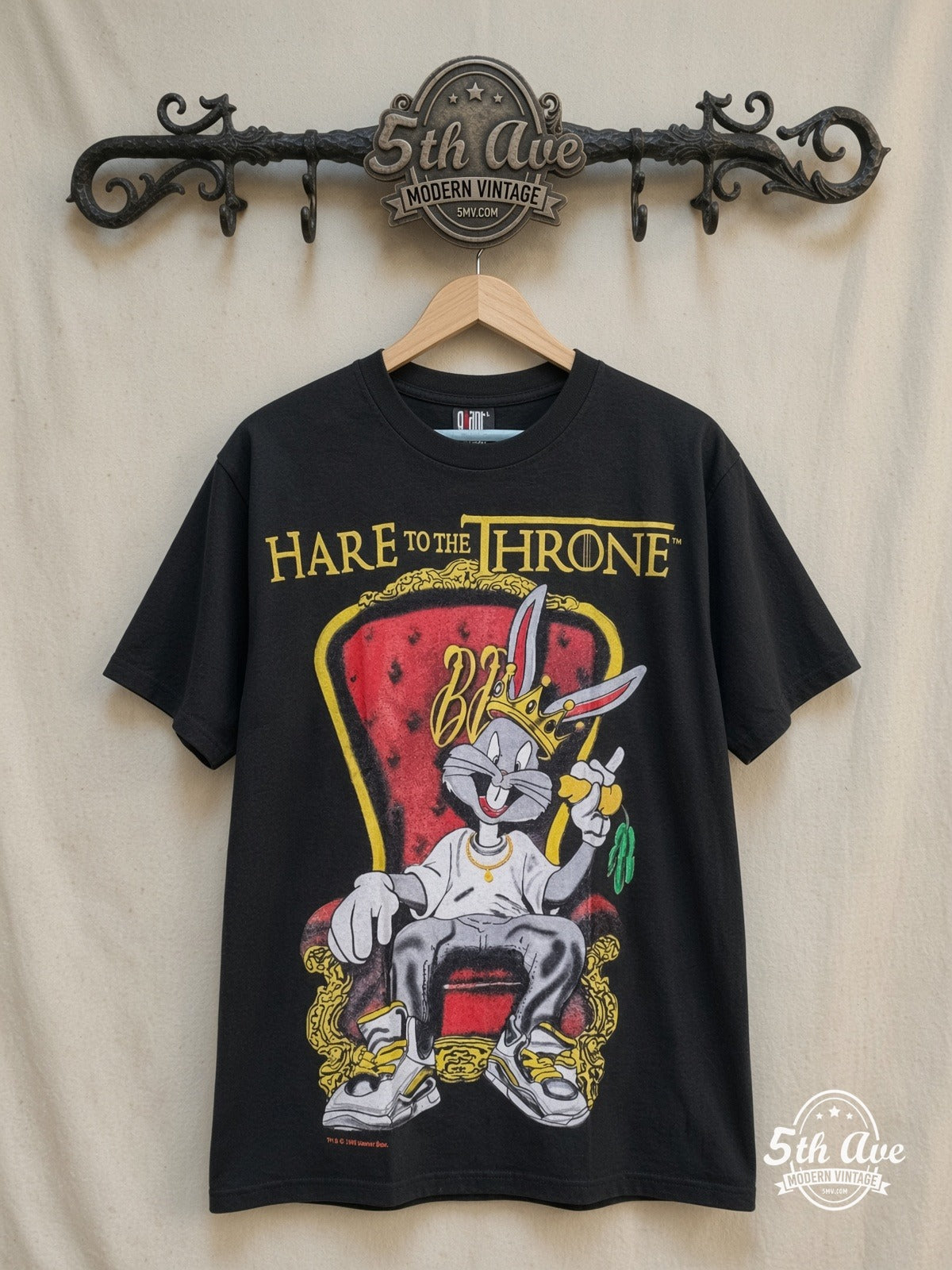 Bugs Bunny – Hare Throne – New Vintage Graphic Tee — front on locked cream ornate 5th Ave rack