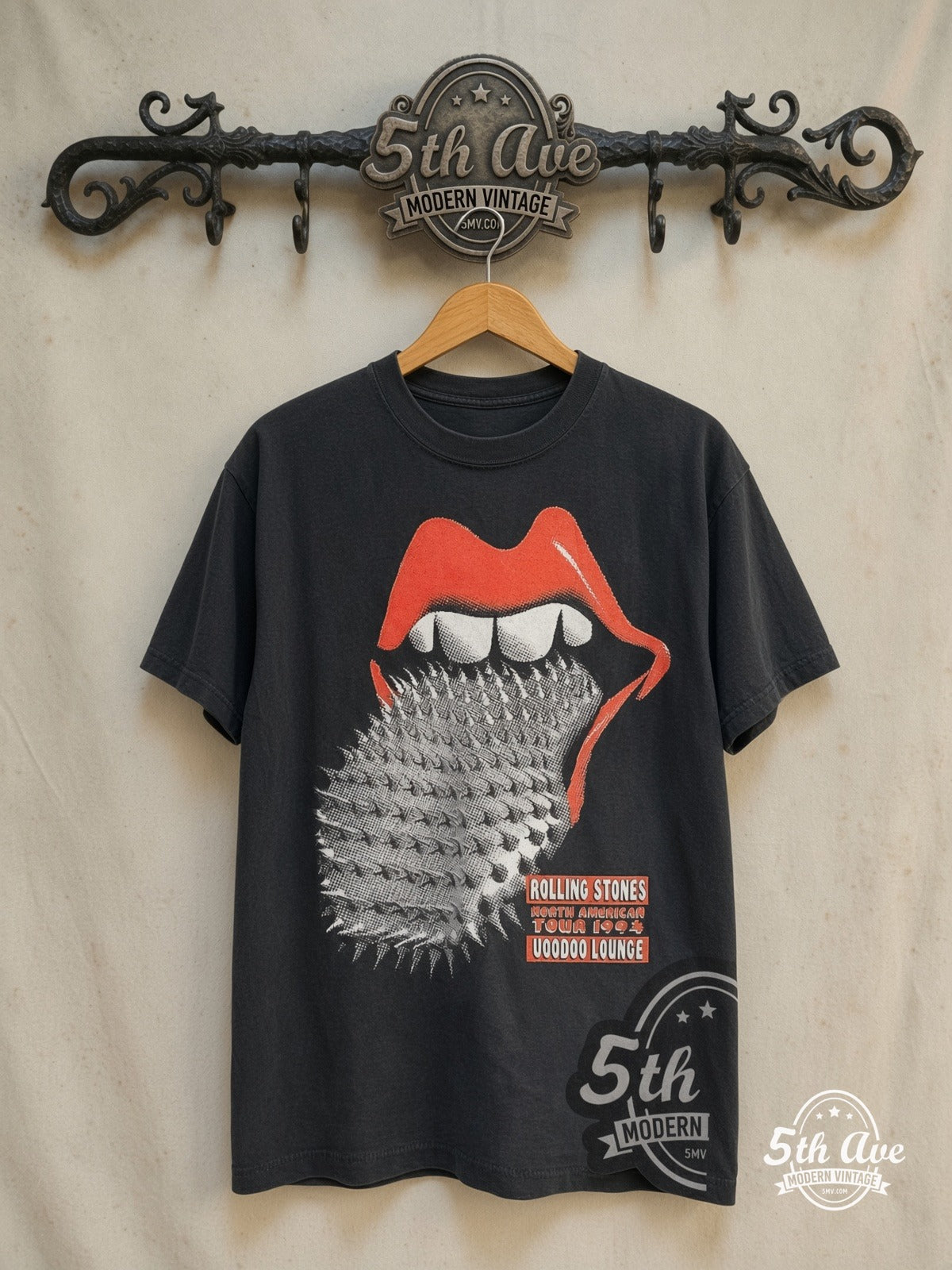 The Rolling Stones – Voodoo Lounge North American Tour 1994 – Vintage Band T-Shirt — front on locked cream ornate 5th Ave rack