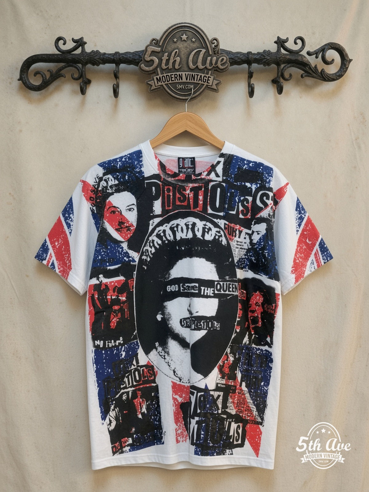 Sex Pistols – God Save the Queen – All Over Print – Vintage Band T-Shirt — front on locked cream ornate 5th Ave rack