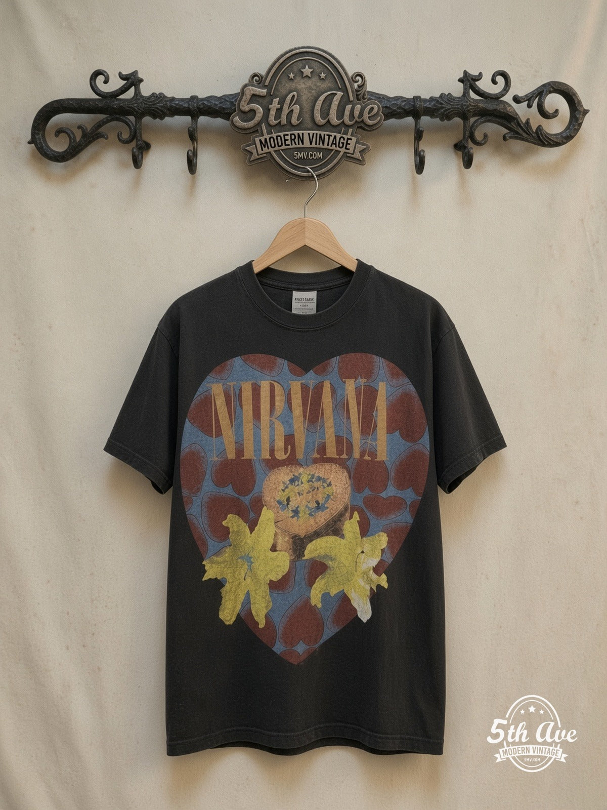 Nirvana “Heart Shaped Box” Tee – Front & Back Print — front on locked cream ornate 5th Ave rack