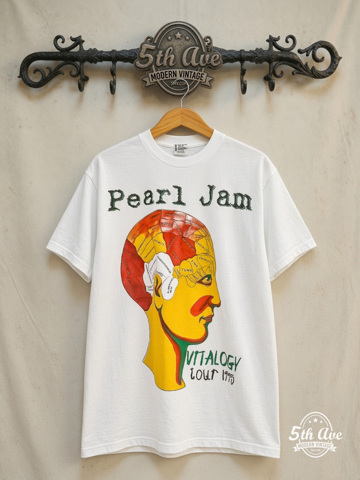 Pearl Jam – Vitalogy Tour 1995 – Vintage Band T-Shirt — front on locked cream ornate 5th Ave rack
