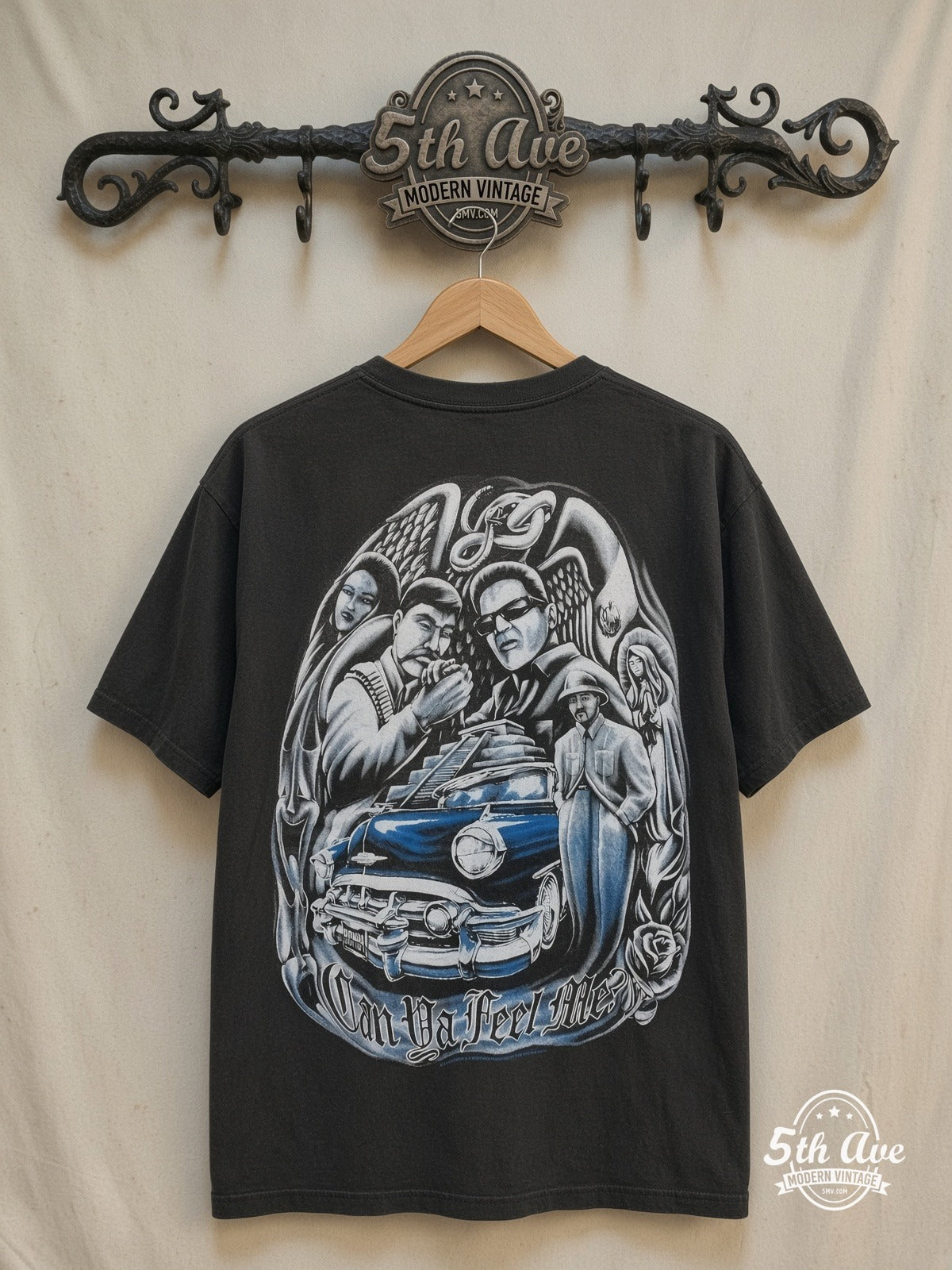 Rollin Hard – Low Rider Culture Tribute – Vintage Graphic Tee — front on locked cream ornate 5th Ave rack
