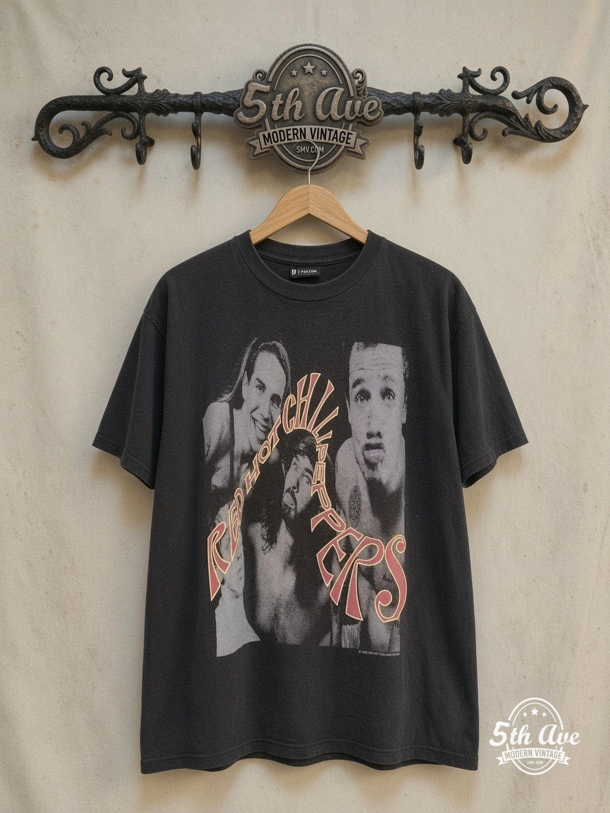 Red Hot Chili Peppers – Psychedelic Swirl – Vintage Band T-Shirt — front on locked cream ornate 5th Ave rack