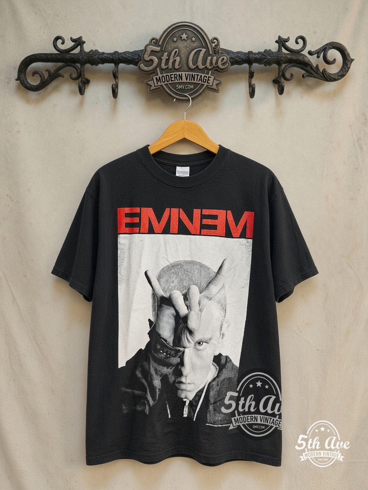 Eminem – The Monster Tour 2014 "EMINƎM" – Vintage Band T-Shirt — front on locked cream ornate 5th Ave rack