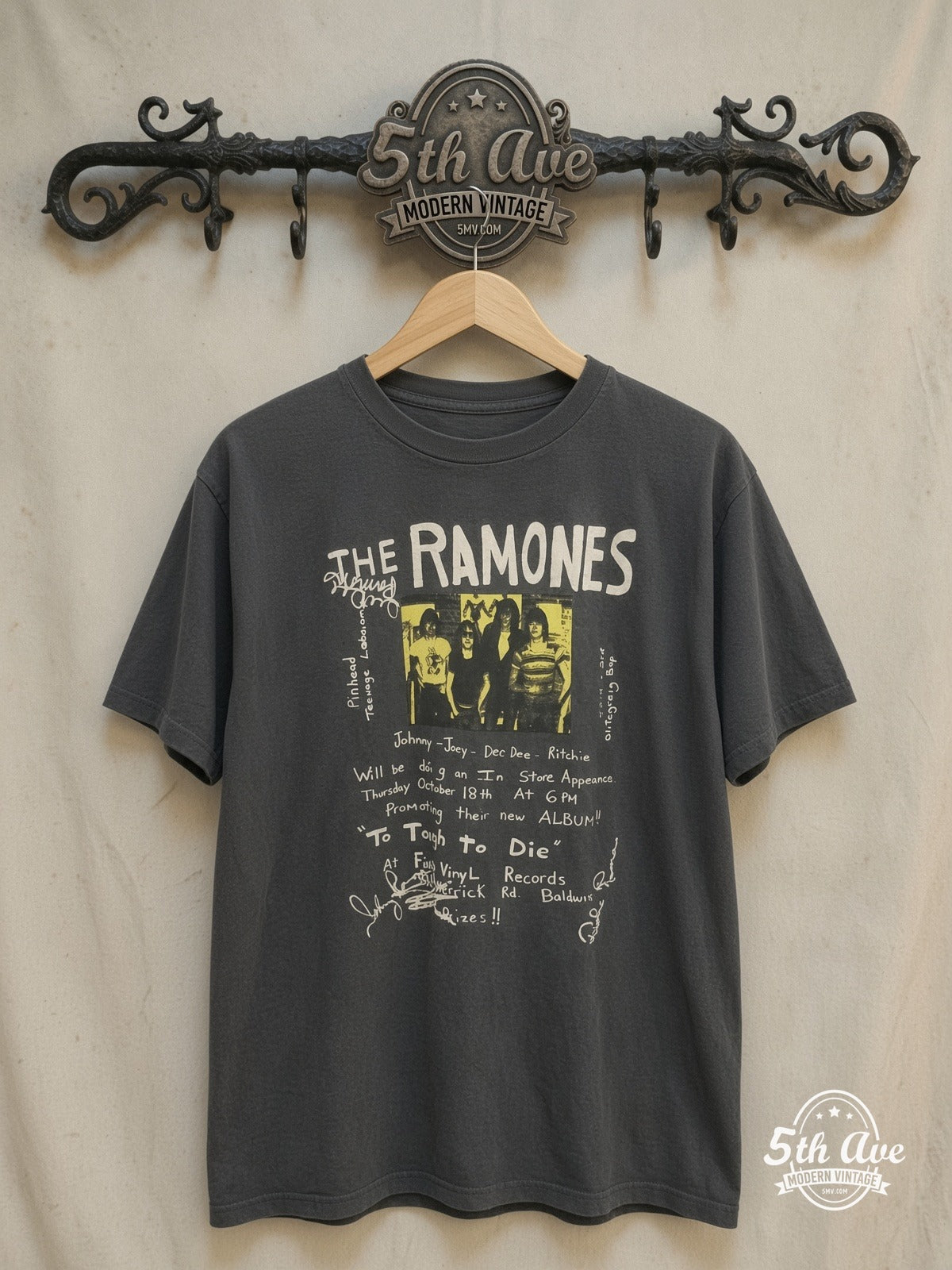 Ramones – Too Tough to Die Fly Vinyl Flyer – Vintage Band T-Shirt — front on locked cream ornate 5th Ave rack