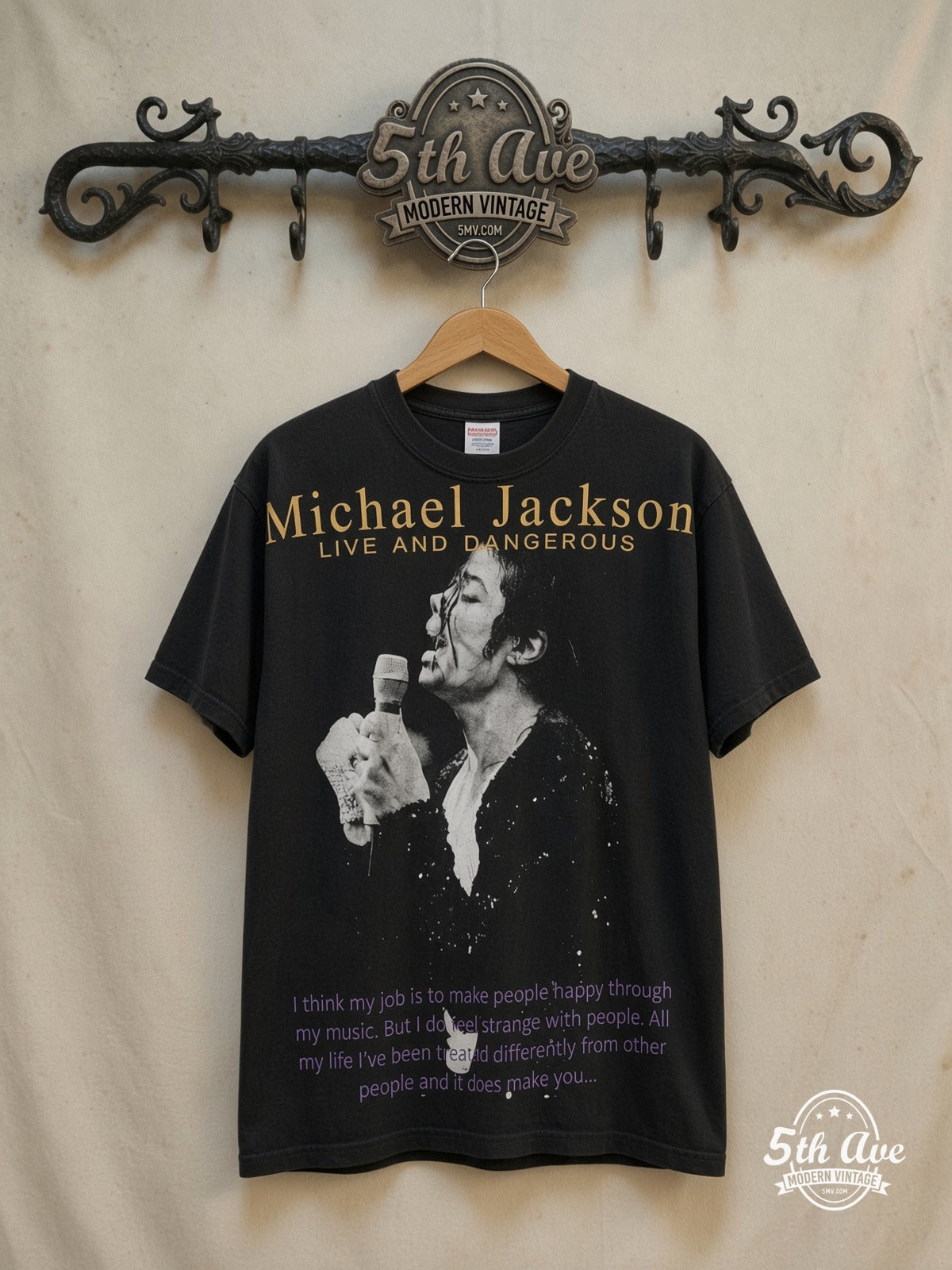 Michael Jackson – Live and Dangerous Singing Profile '93 – Vintage Band T-Shirt — front on locked cream ornate 5th Ave rack