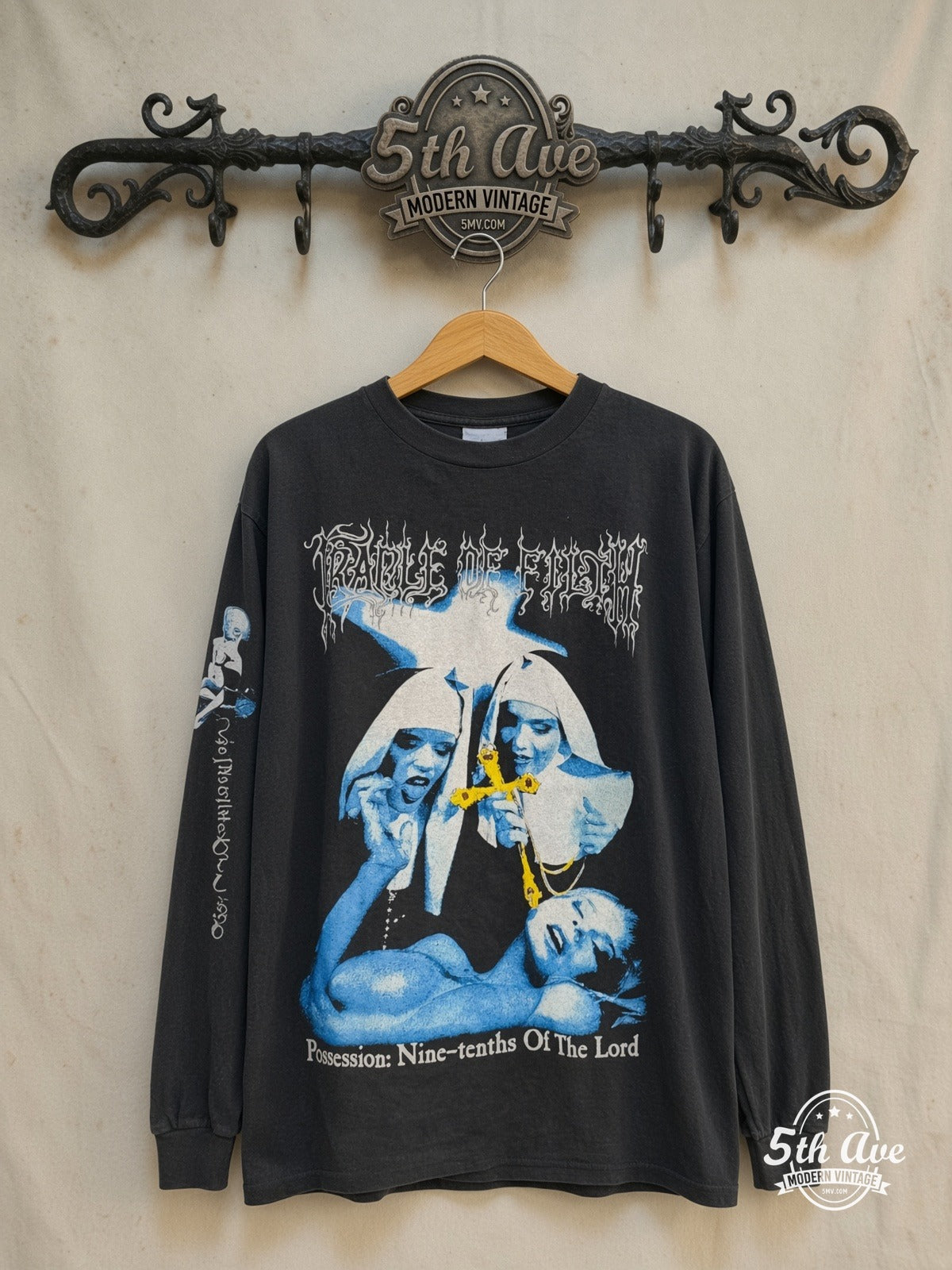 Cradle of Filth – Decadence Is a Virtue – Vintage Band T-Shirt — front on locked cream ornate 5th Ave rack