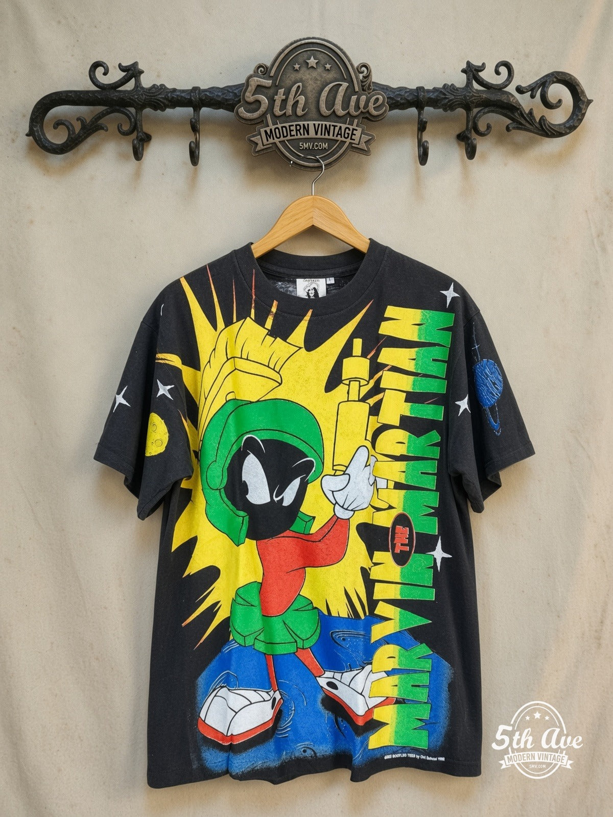 Looney Tunes – Marvin the Martian – All Over Print – New Vintage Graphic Tee — front on locked cream ornate 5th Ave rack
