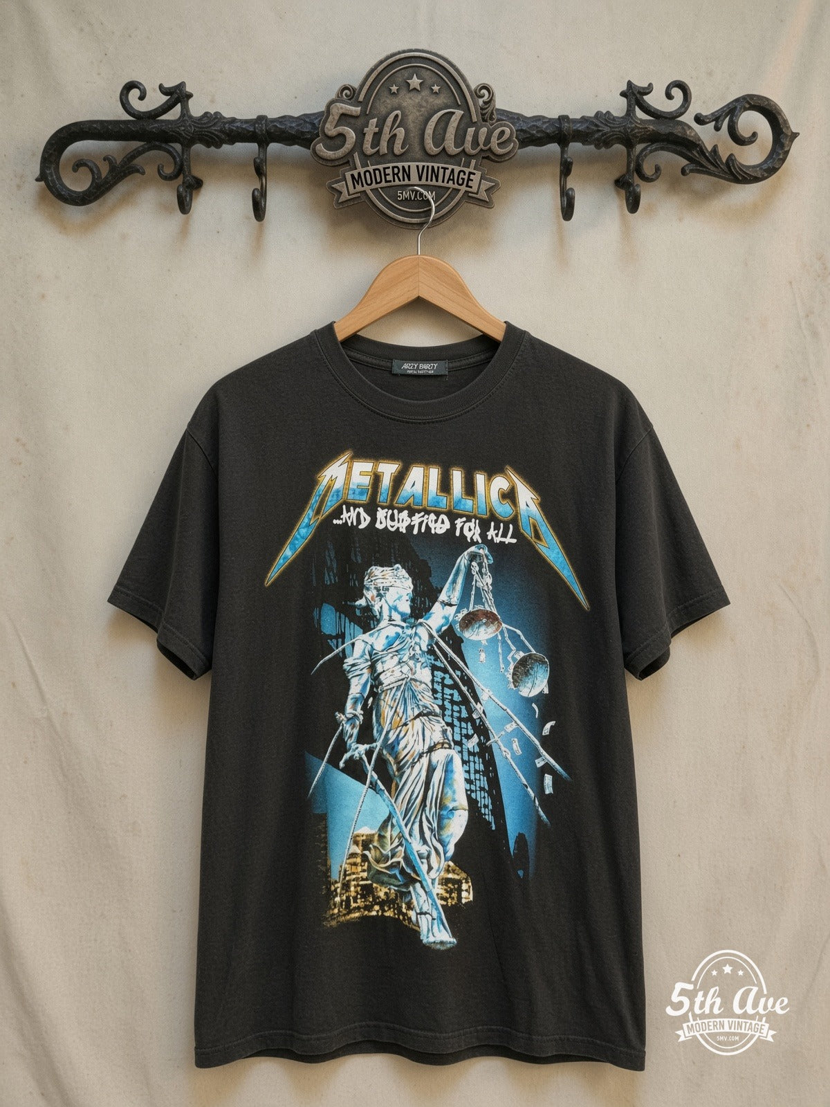 Metallica – And Justice for All Lady Justice Classic – Vintage Band T-Shirt — front on locked cream ornate 5th Ave rack