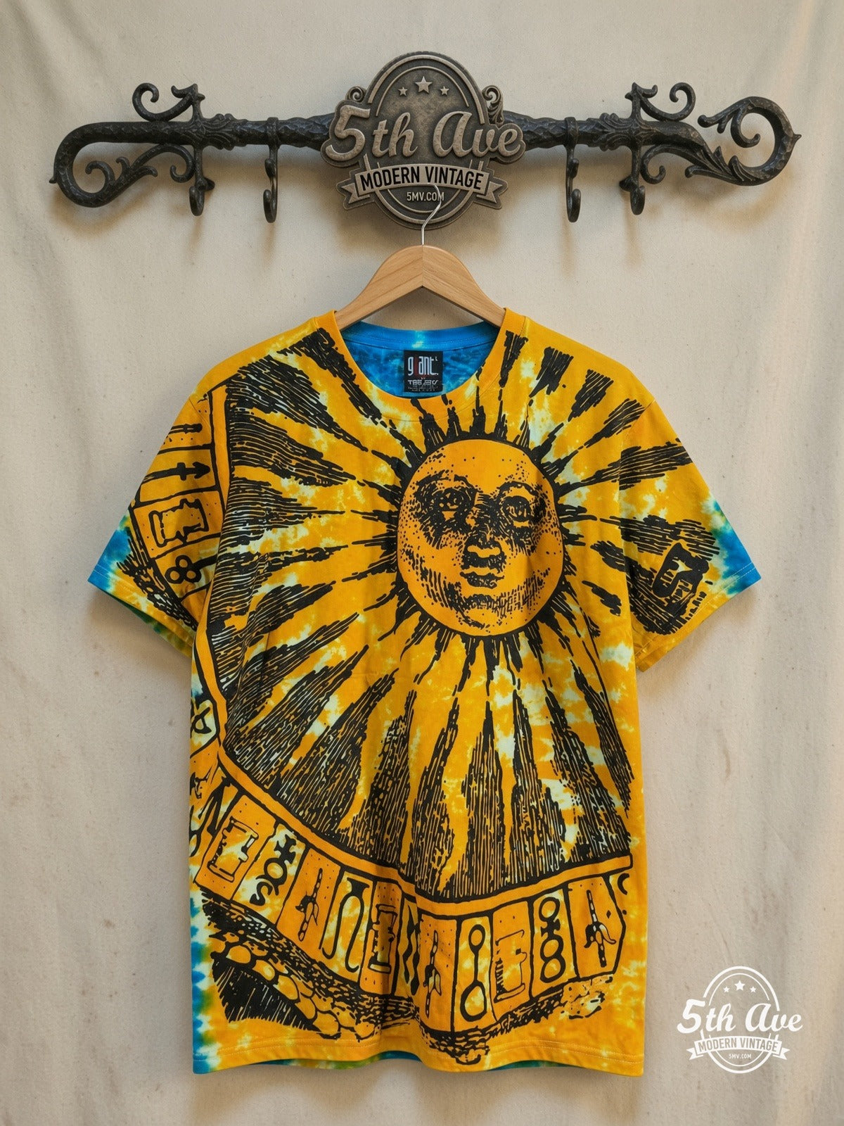 Sun and Moon – Tie-Dye Sun and Moon – All Over Print – Vintage Graphic Tee — front on locked cream ornate 5th Ave rack