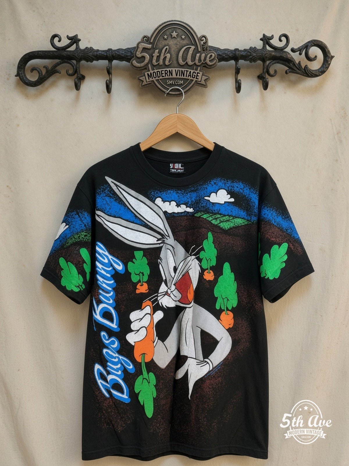 Bugs Bunny – Bugs Bunny Retro – All Over Print – New Vintage Graphic Tee — front on locked cream ornate 5th Ave rack