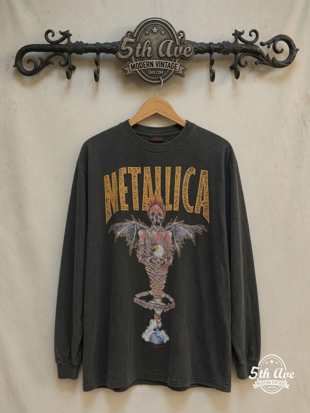 Metallica – King Nothing Careful What You Wish – Long Sleeve Vintage Band T-Shirt — front on locked cream ornate 5th Ave rack
