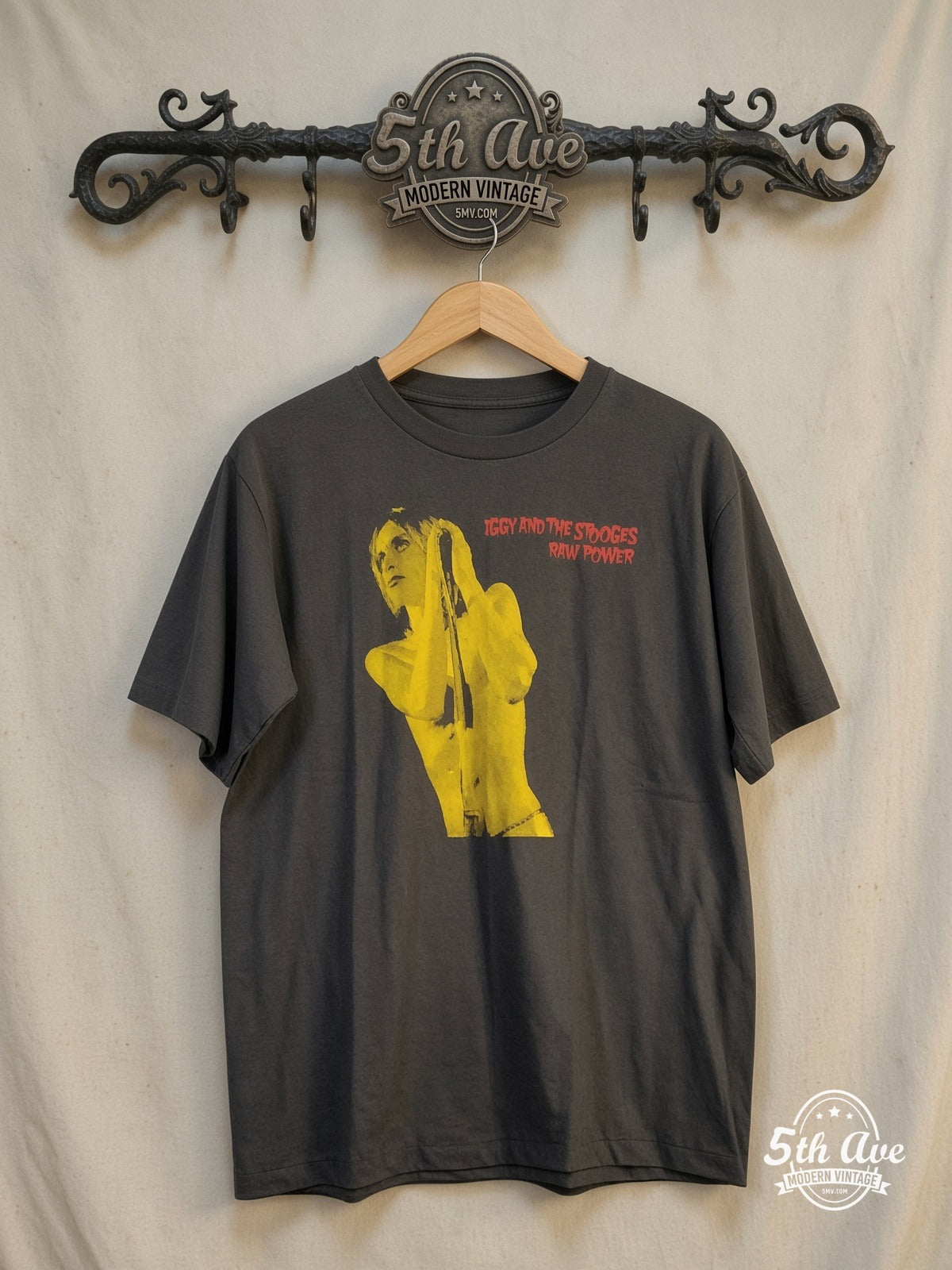 IGGY 100% Cotton New Vintage Band T-Shirt – Vintage Band T-Shirt — front on locked cream ornate 5th Ave rack