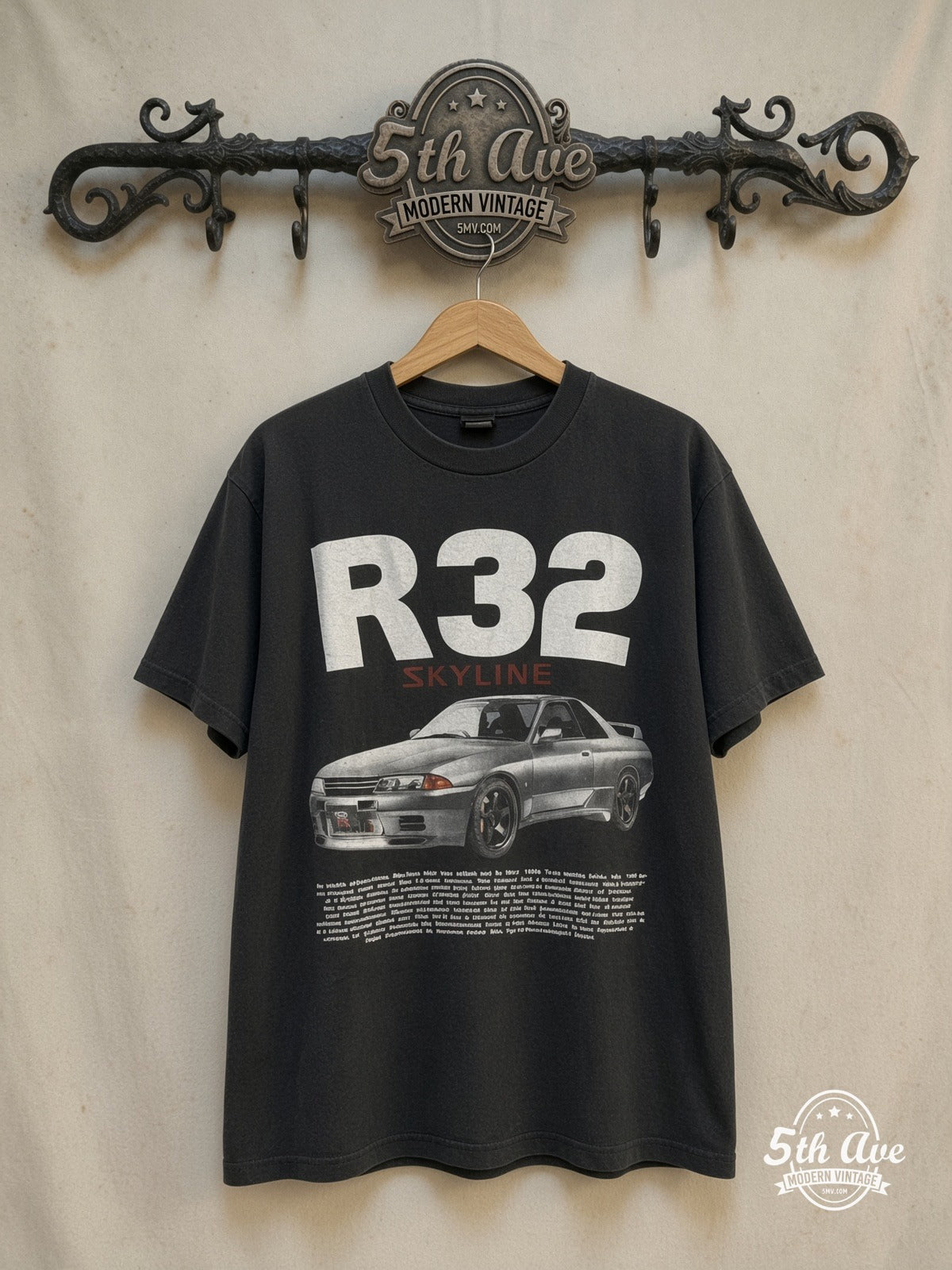 R32 skyline T-Shirt — front on locked cream ornate 5th Ave rack