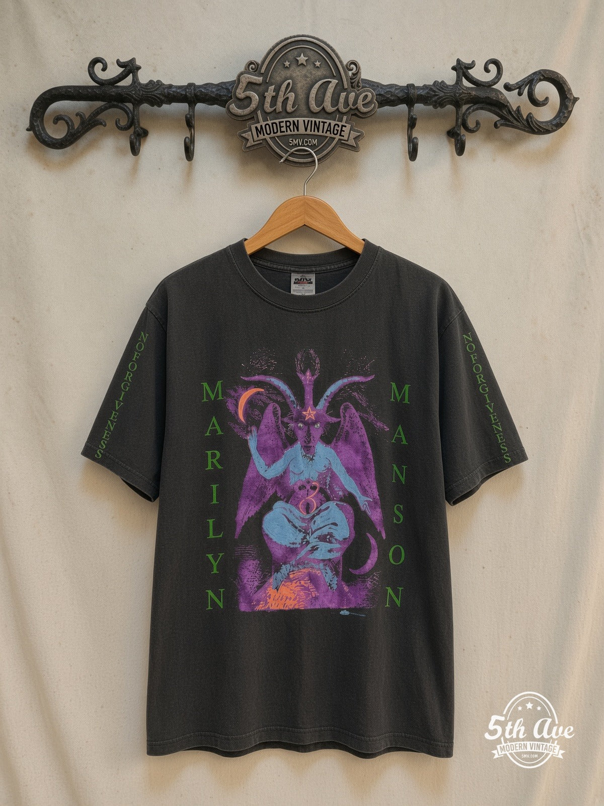 Marilyn Manson When I'm God Everyone Dies – Vintage Band T-Shirt — front on locked cream ornate 5th Ave rack