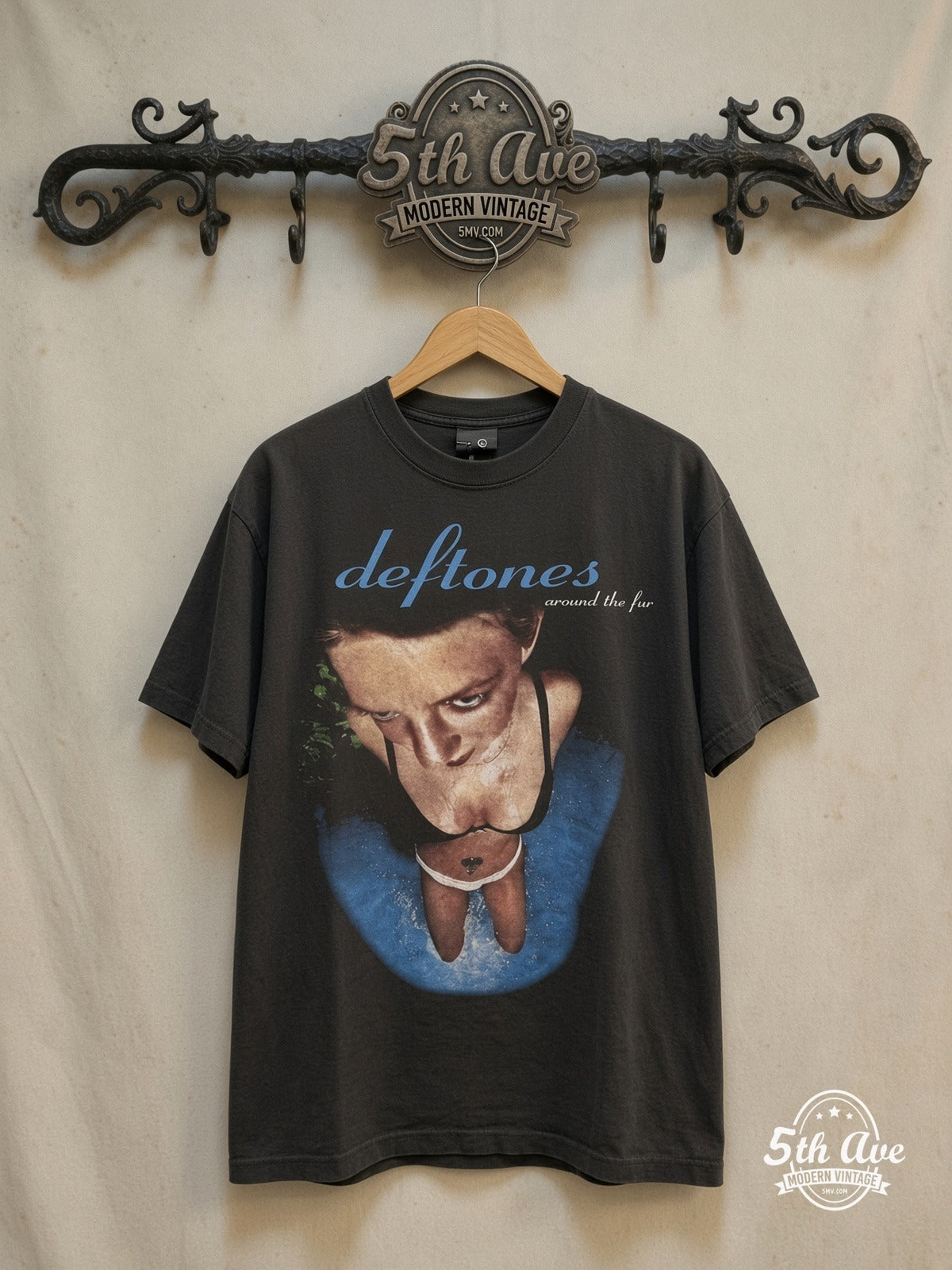 Deftones – Around the Fur Blue Logo Album Cover – Vintage Band T-Shirt — front on locked cream ornate 5th Ave rack