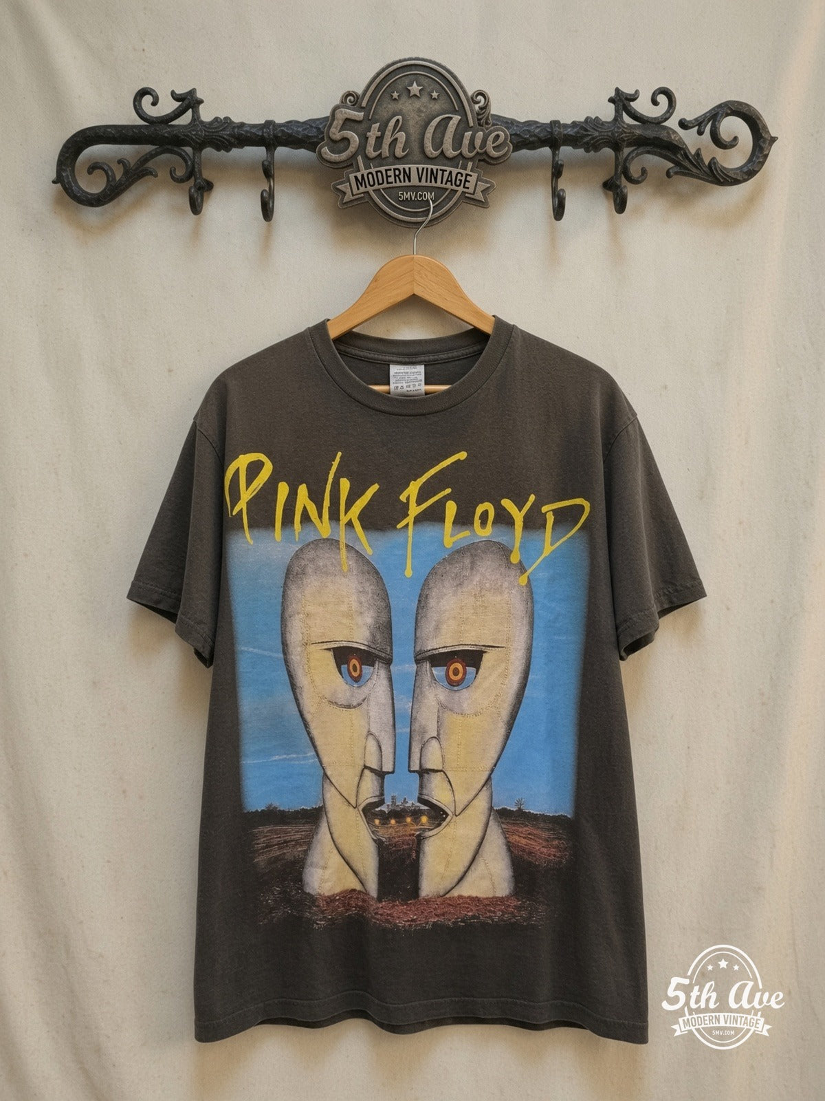 Pink Floyd – The Division Bell – Vintage Band T-Shirt — front on locked cream ornate 5th Ave rack