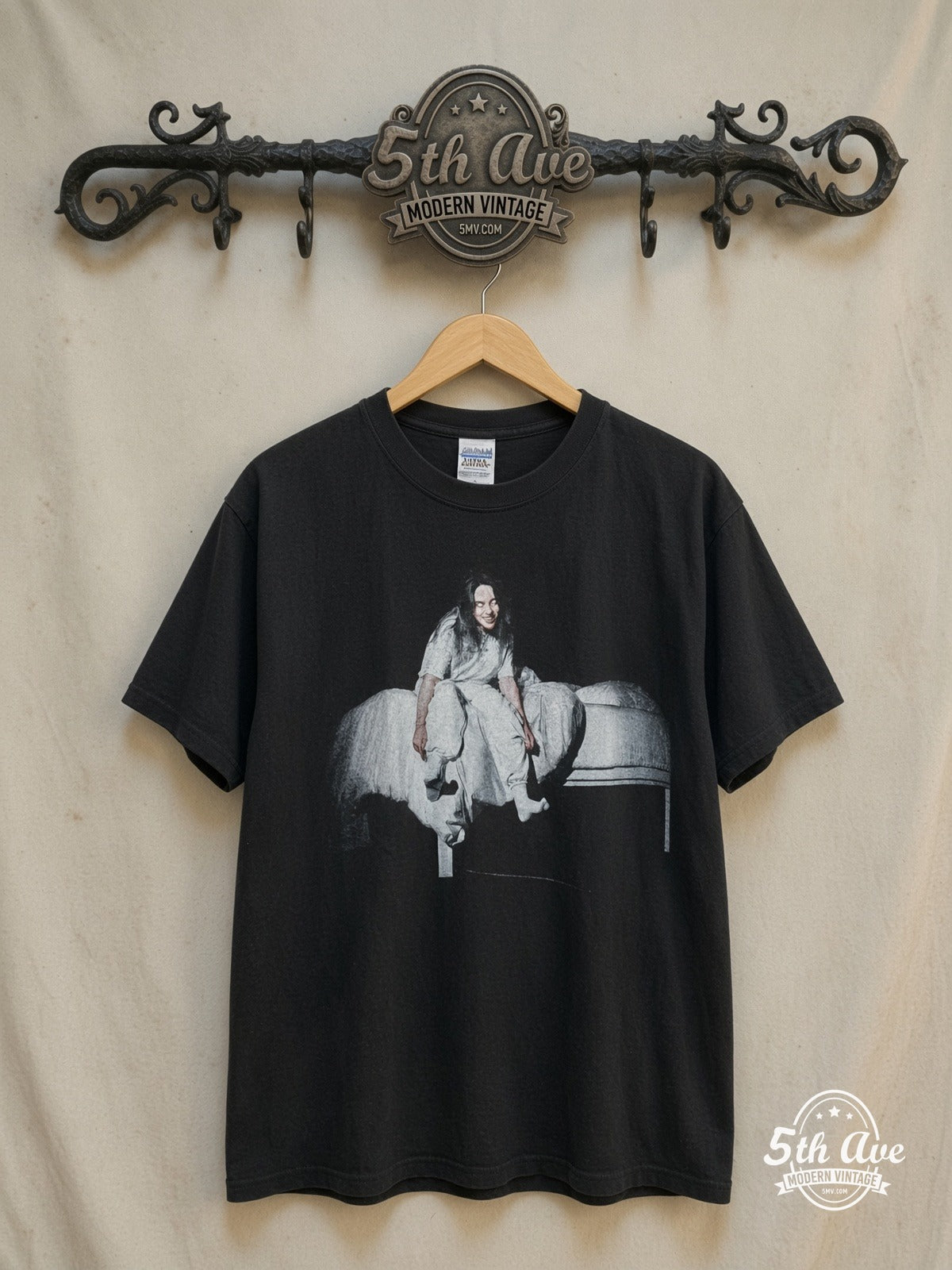 Billie Eilish - New Vintage Band T-Shirt — front on locked cream ornate 5th Ave rack