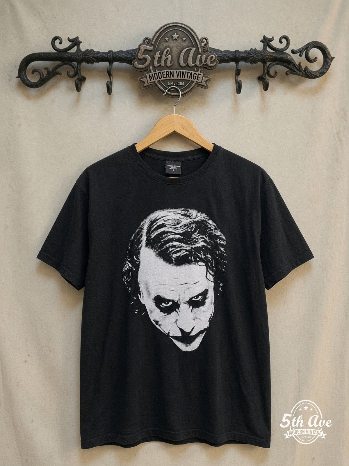Joker – Heath Ledger – Vintage Movie Tee — front on locked cream ornate 5th Ave rack