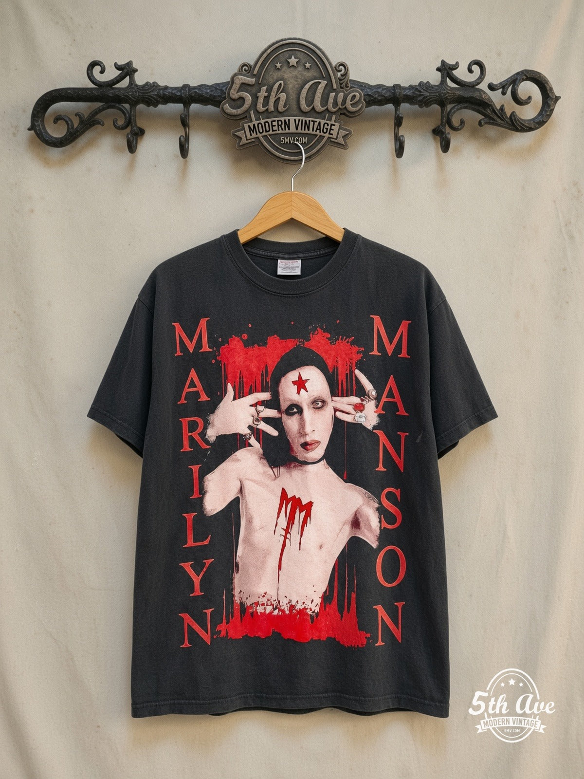 Marilyn Manson – All Album List – Vintage Band T-Shirt — front on locked cream ornate 5th Ave rack