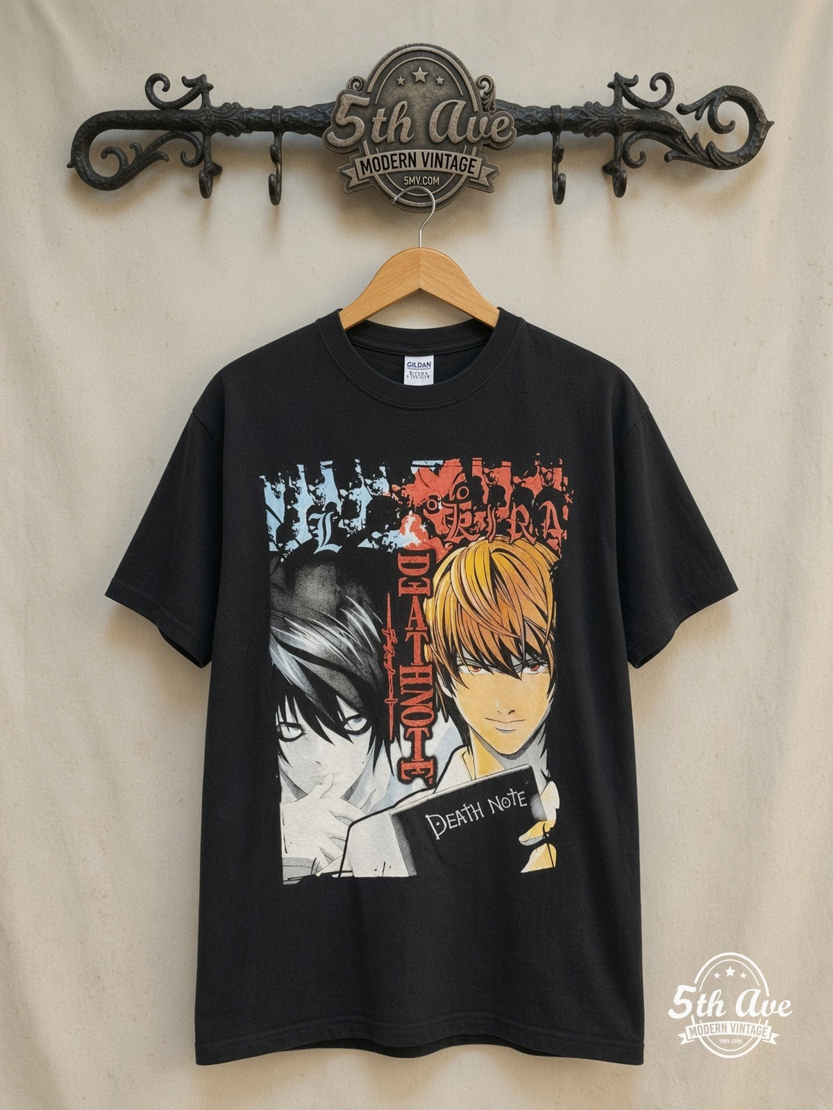 Death Note – Kira vs L – New Vintage Anime Tee — front on locked cream ornate 5th Ave rack