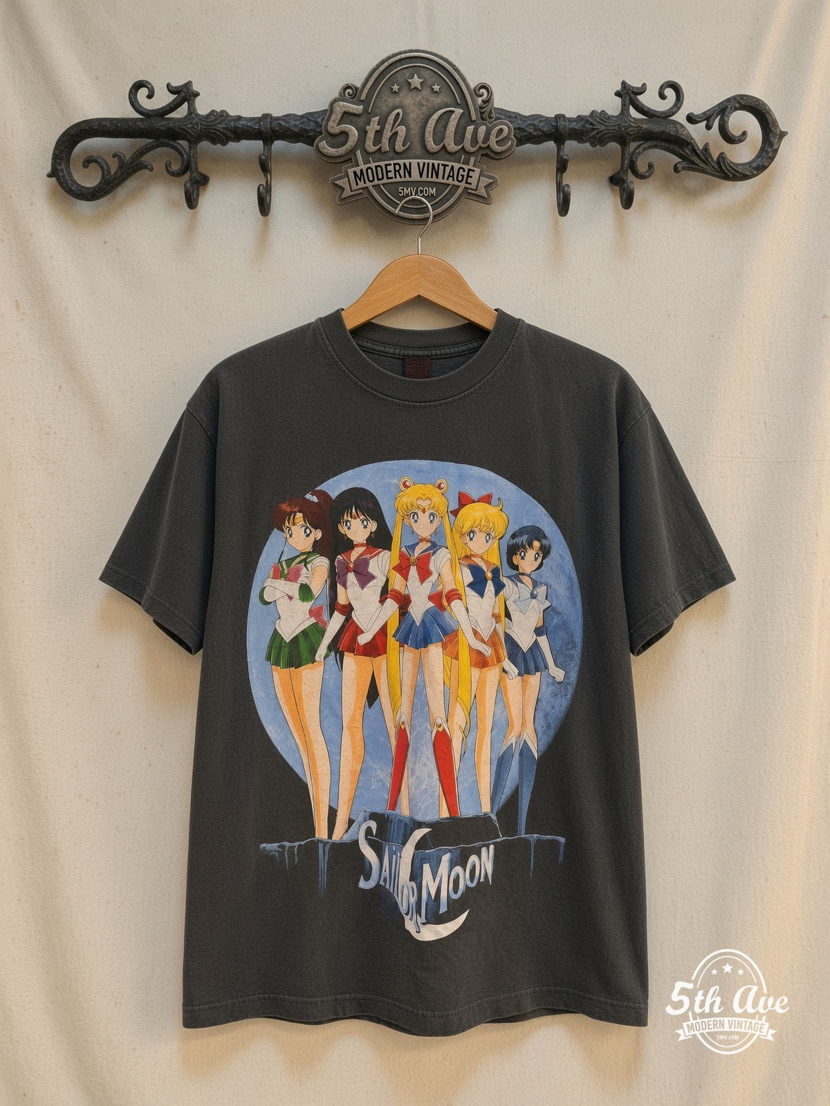 Sailor Moon – Five Guardians on the Moon – Vintage Anime T-Shirt — front on locked cream ornate 5th Ave rack
