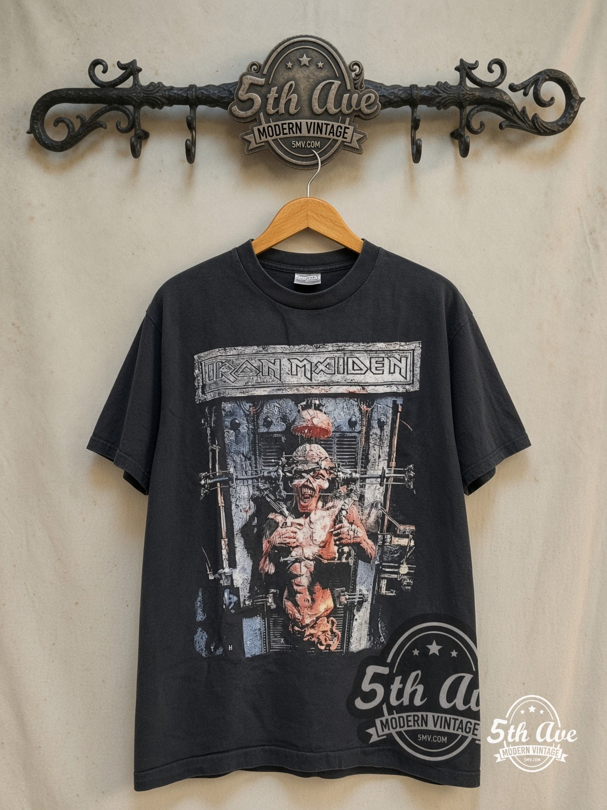 Iron Maiden – The X Factor Tour' 1995 – Vintage Band T-Shirt — front on locked cream ornate 5th Ave rack