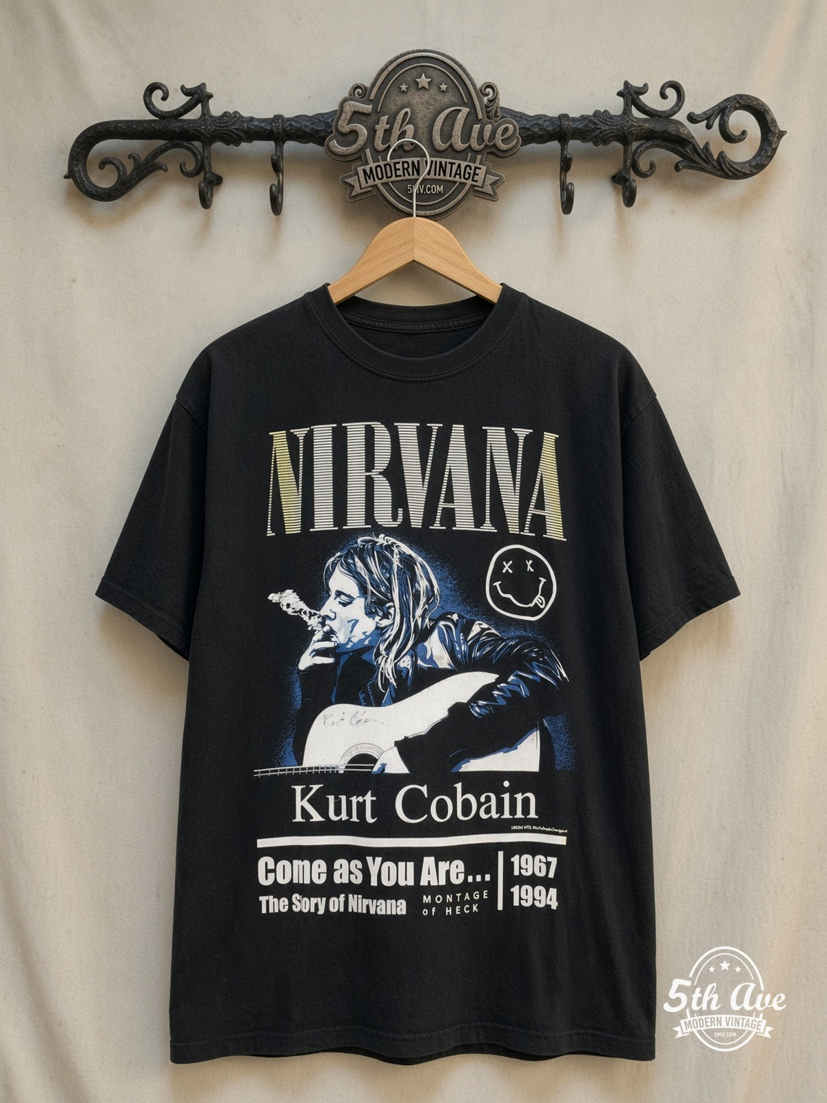 Nirvana – Come As You Are – Vintage Band T-Shirt — front on locked cream ornate 5th Ave rack