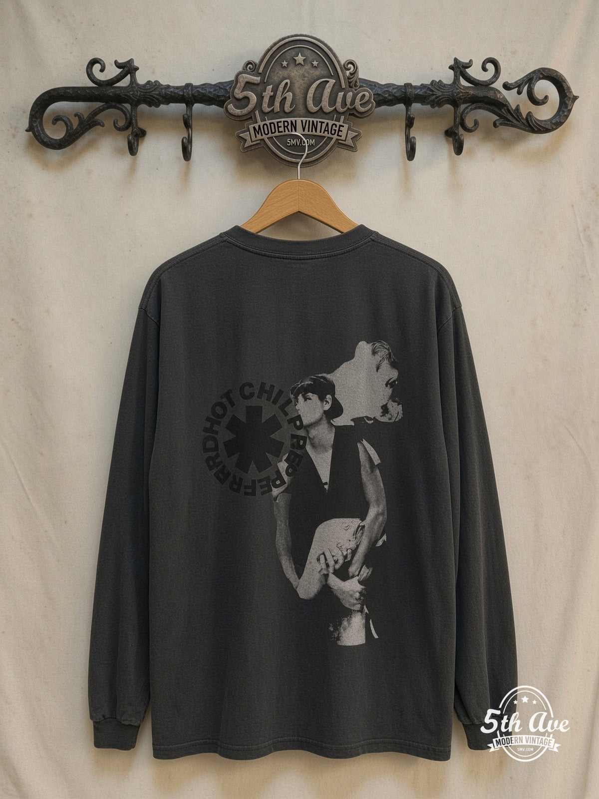 Red Hot Chili Peppers – Blood Sugar Sex Magik Red Circle Asterisk Long Sleeve – Vintage Band T-Shirt — front on locked cream ornate 5th Ave rack