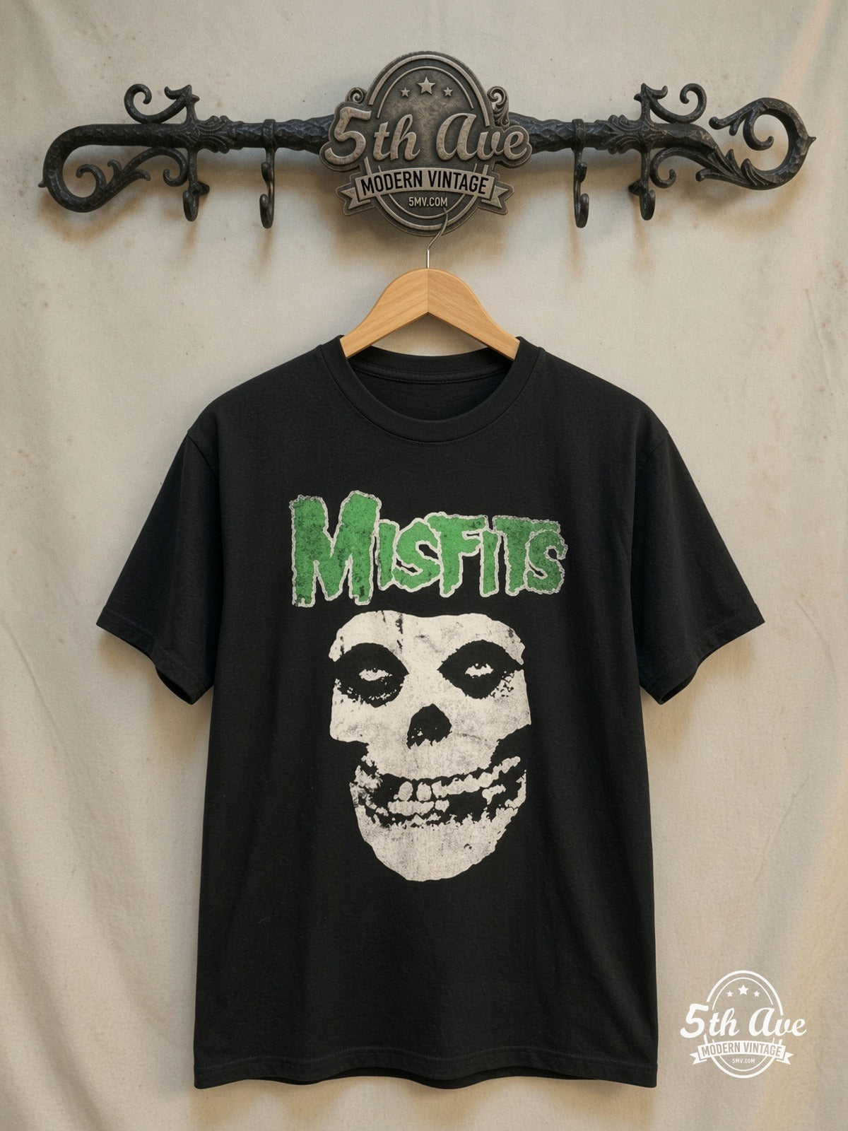 Misfits – Green Logo Crimson Ghost Skull – Vintage Band T-Shirt — front on locked cream ornate 5th Ave rack