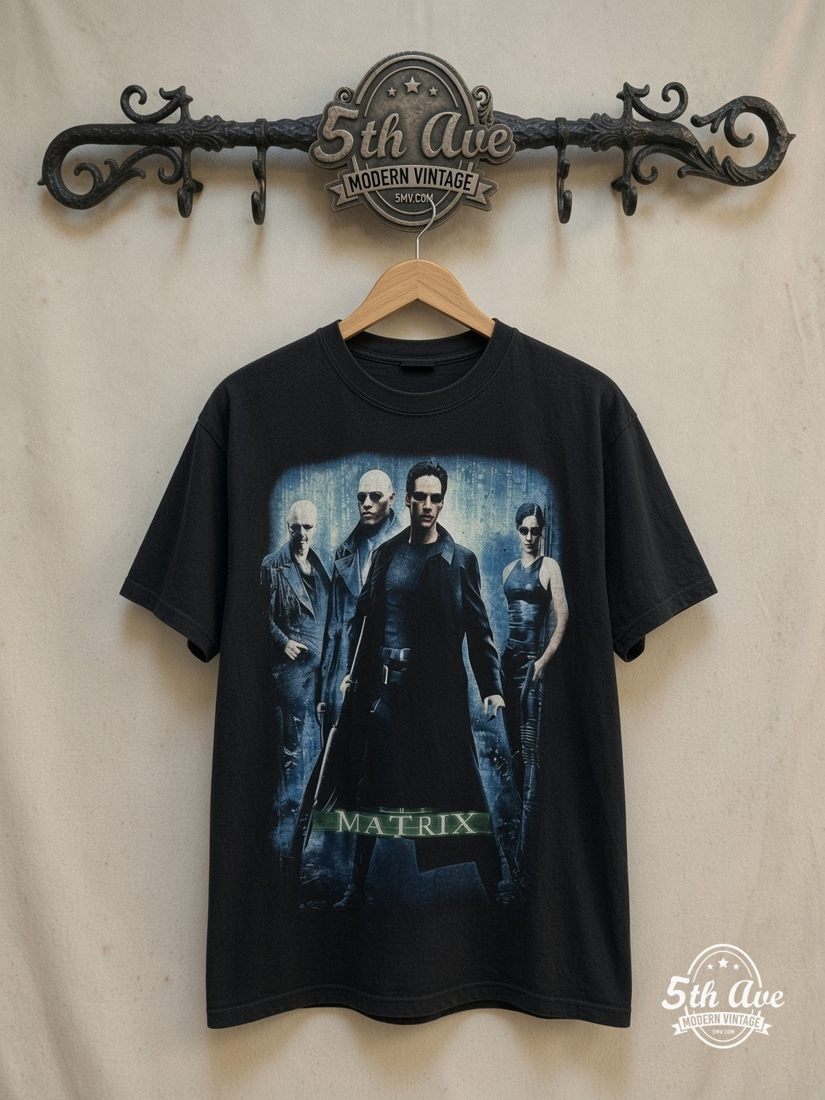 The Matrix Movie T-Shirt — front on locked cream ornate 5th Ave rack