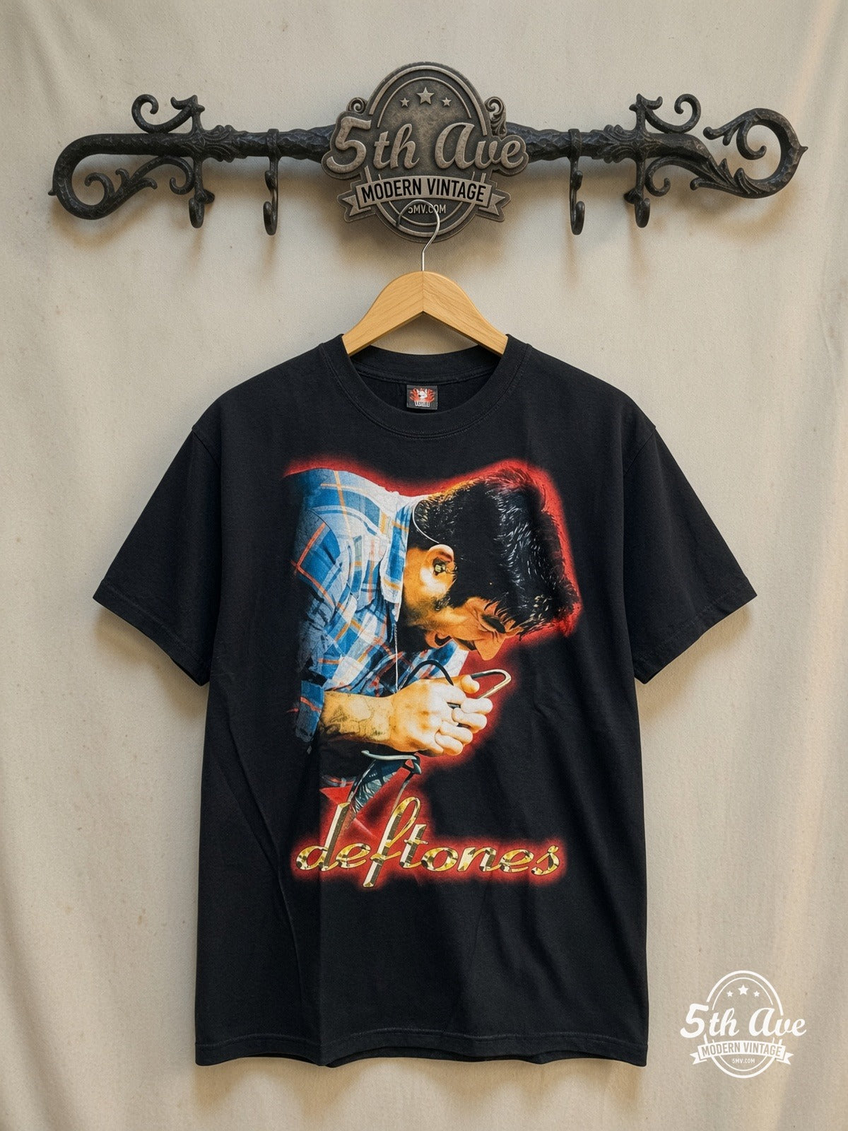 Deftones – Chino Moreno – Vintage Band T-Shirt — front on locked cream ornate 5th Ave rack