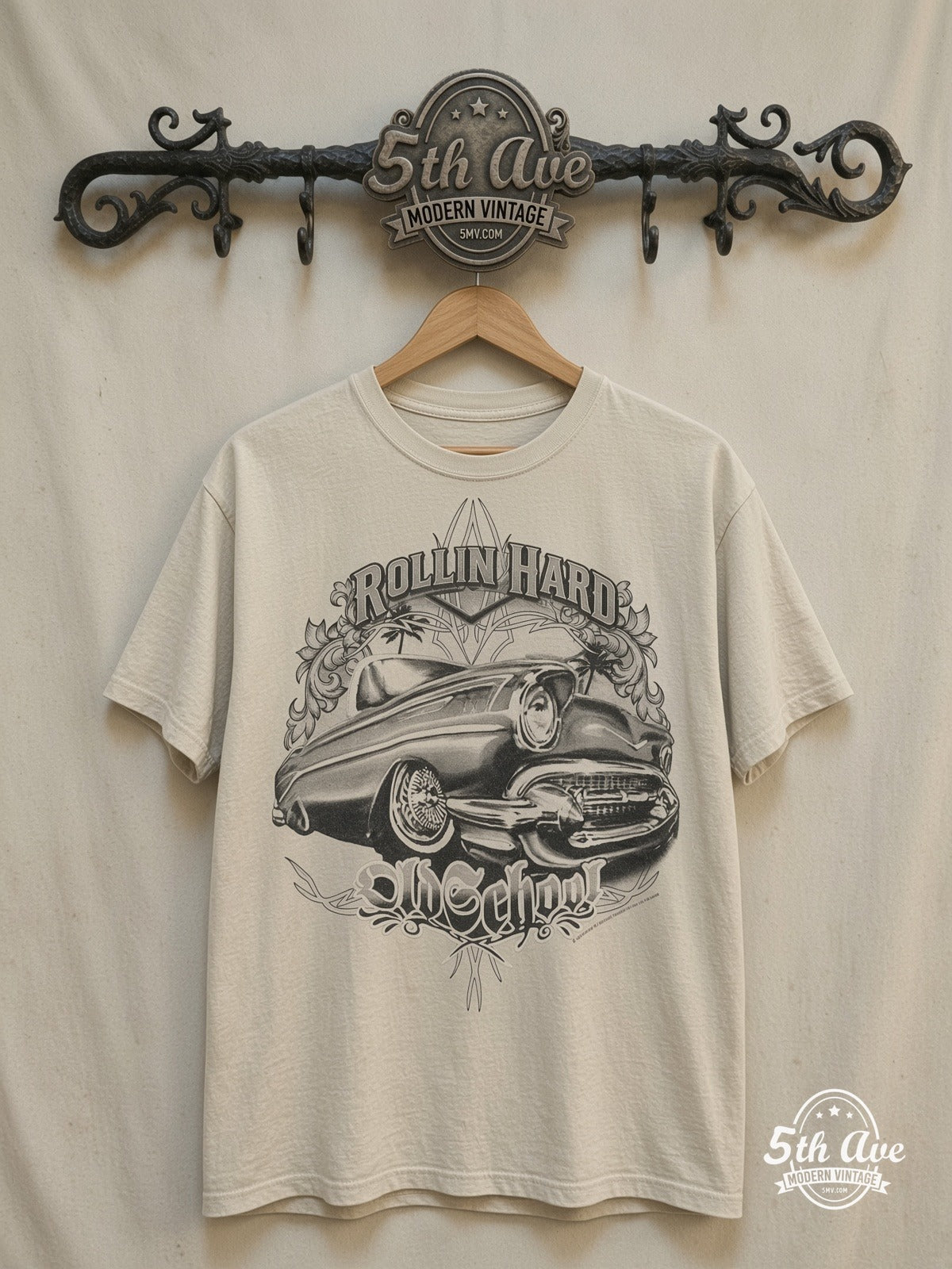 Rollin Hard – Old School Lowrider – Vintage Graphic Tee — front on locked cream ornate 5th Ave rack